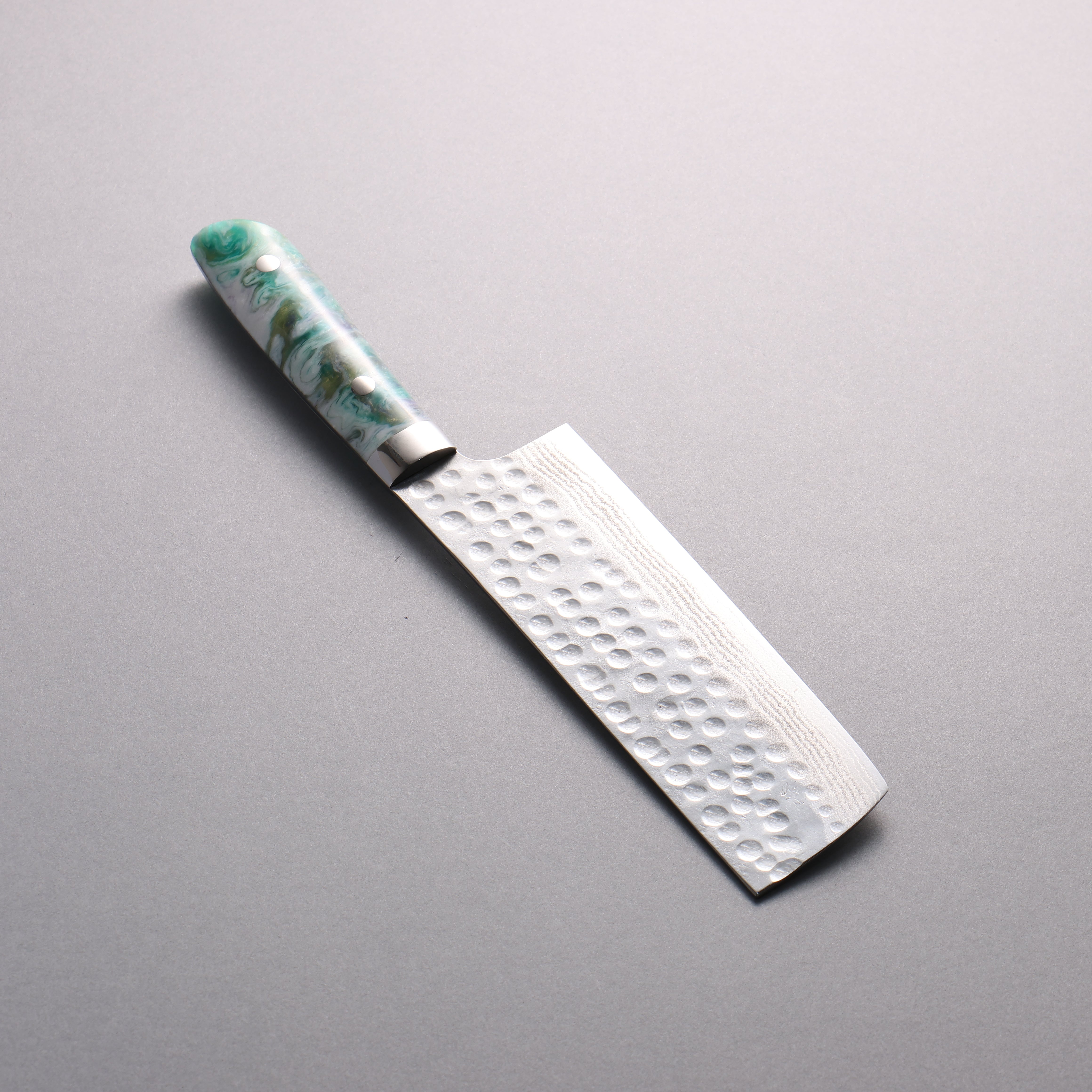 Takeshi Saji SRS13 Hammered(Maru) Damascus Nakiri 165mm White Green Gray Acrylic Handle - Seisuke Knife