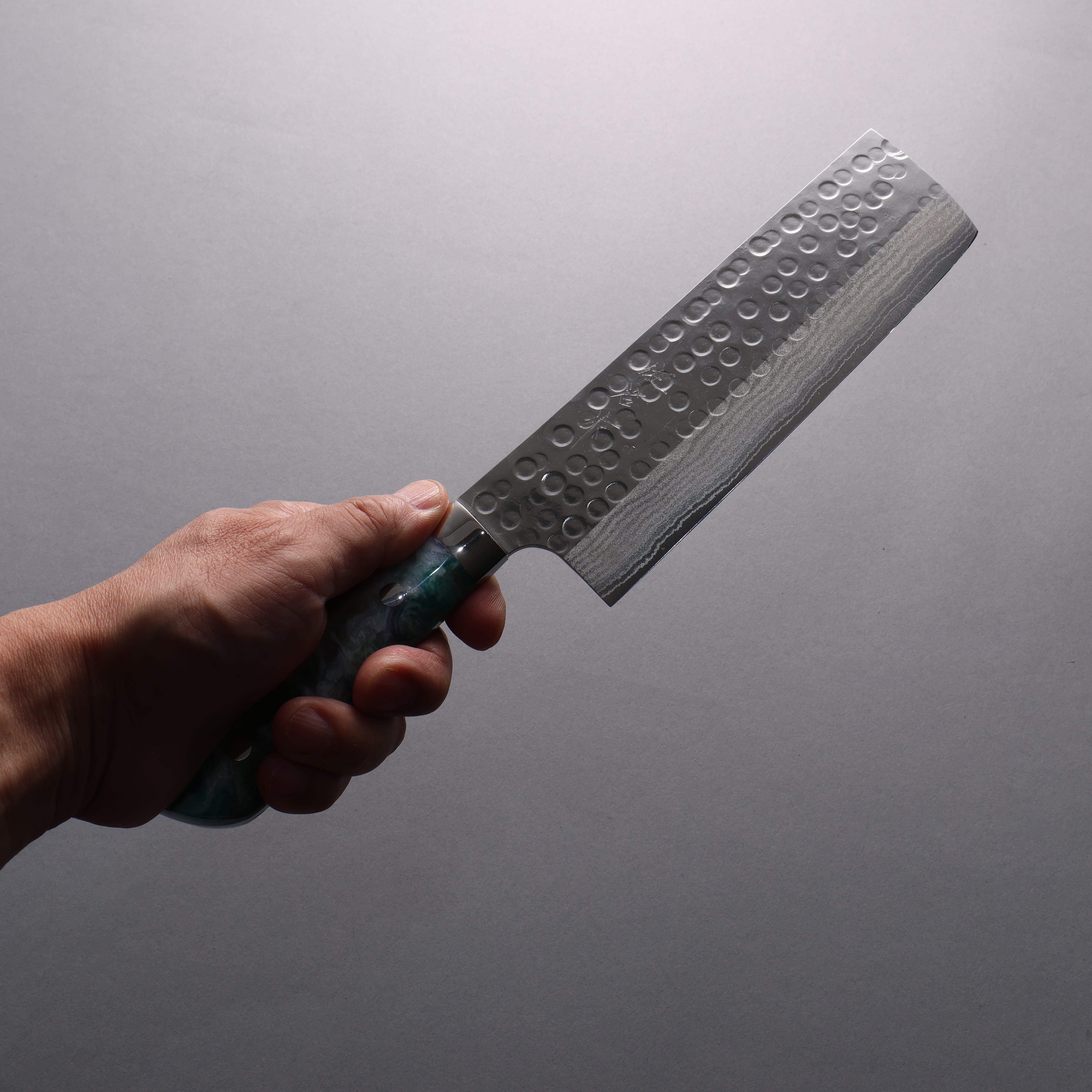 Takeshi Saji SRS13 Hammered(Maru) Damascus Nakiri 165mm White Green Gray Acrylic Handle - Seisuke Knife