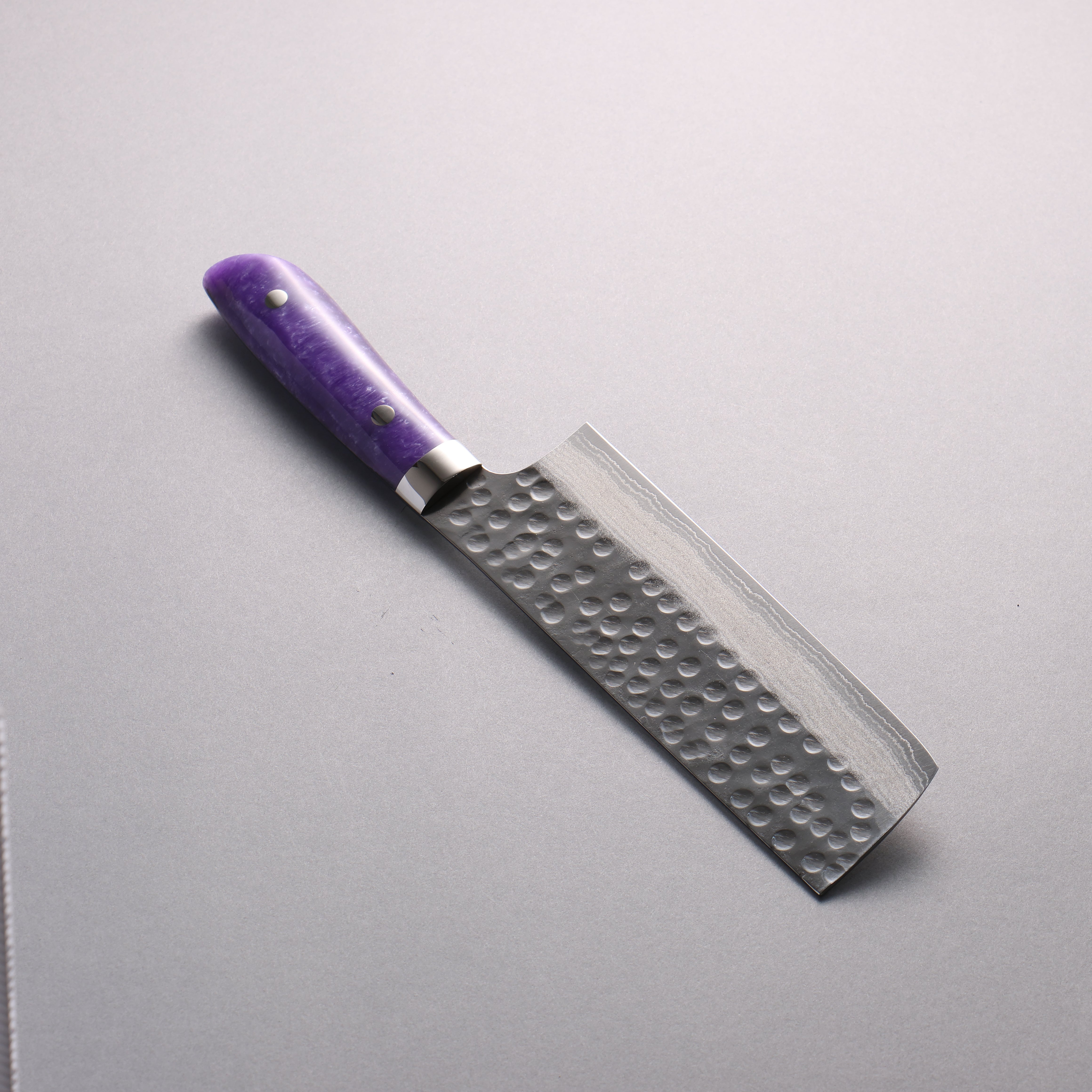 Takeshi Saji SRS13 Hammered(Maru) Damascus Nakiri 165mm Purple and White Marble Acrylic Handle - Seisuke Knife