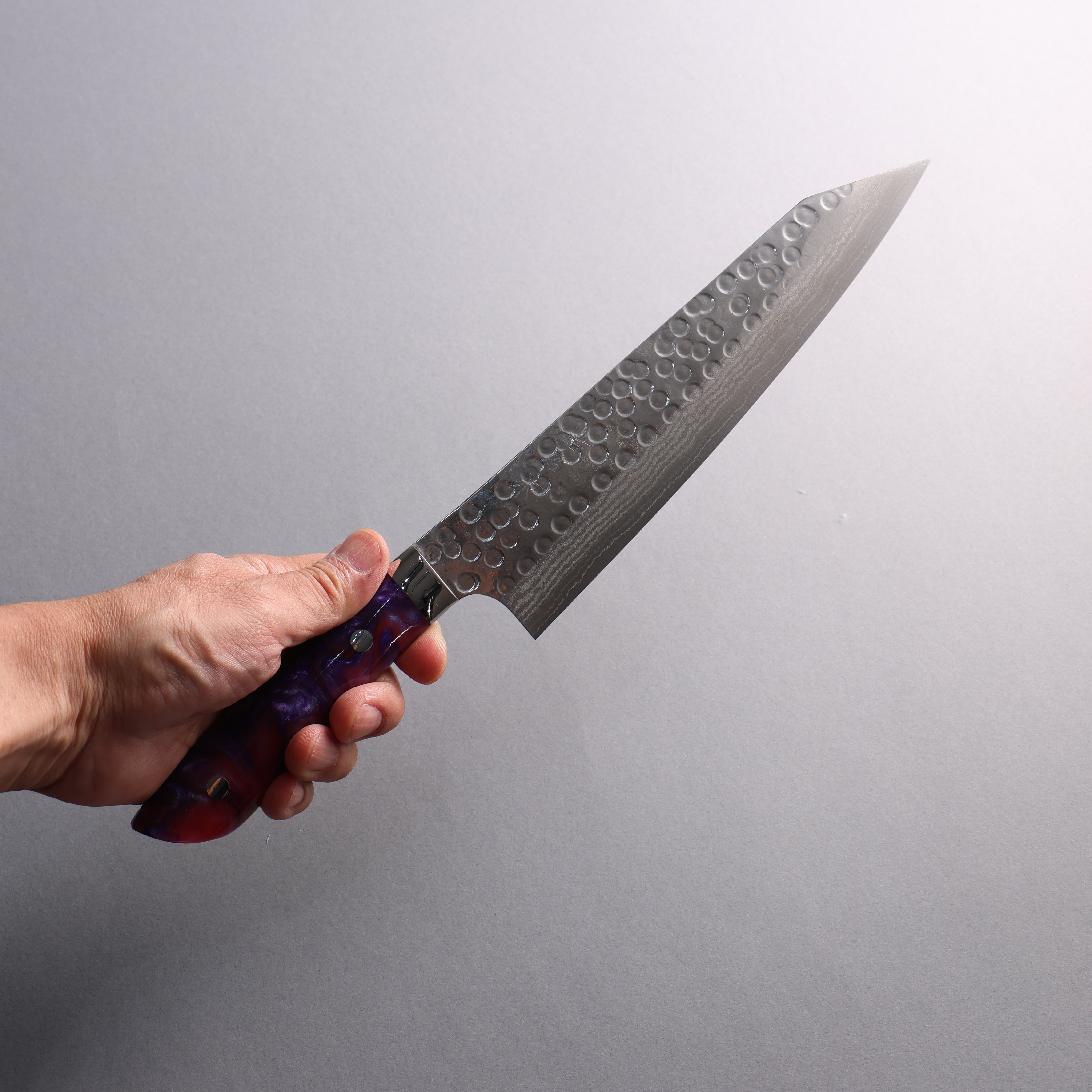 Takeshi Saji SRS13 Hammered(Maru) Damascus Kiritsuke Gyuto 210mm Purple Red White Acrylic Handle - Seisuke Knife