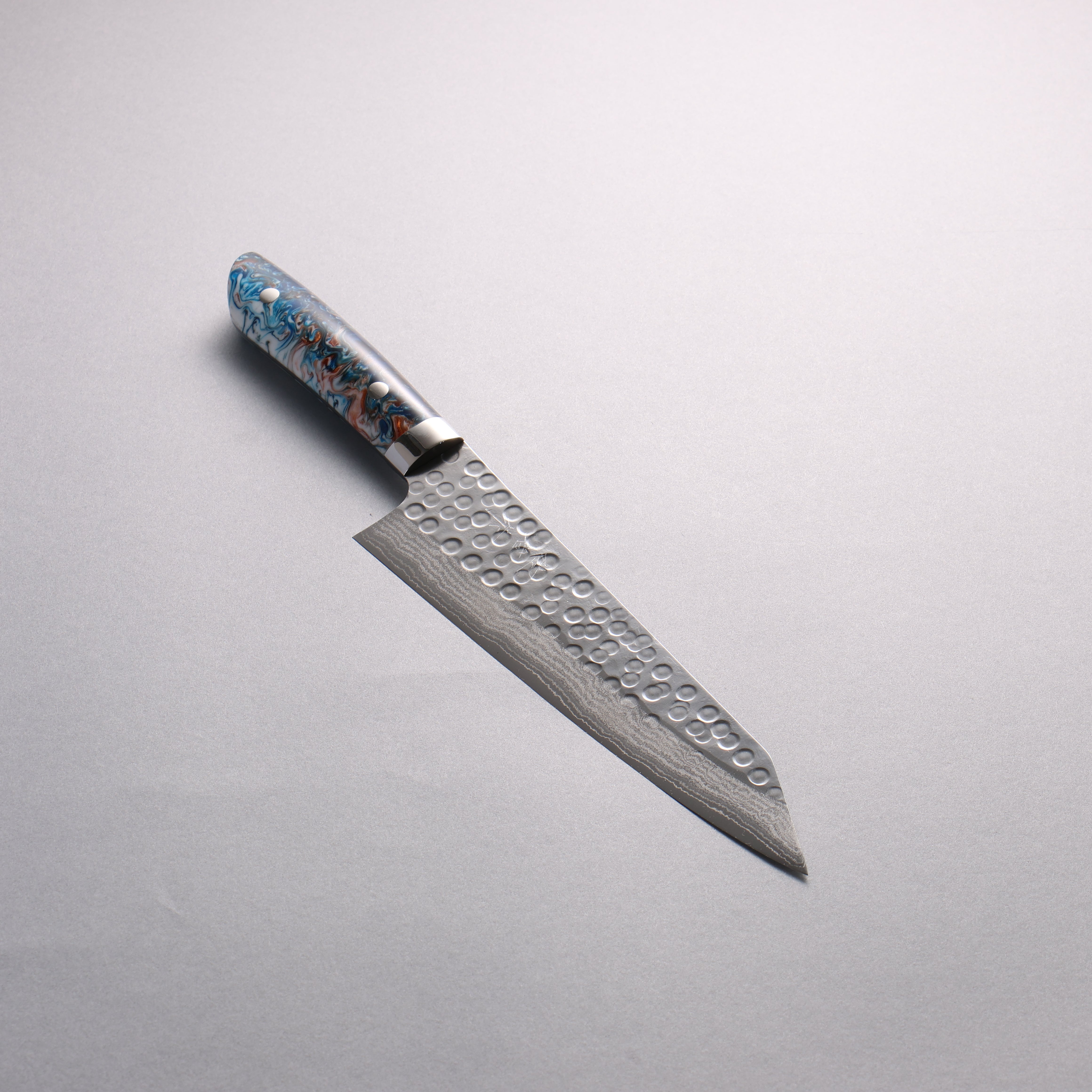 Takeshi Saji SRS13 Hammered(Maru) Damascus Kiritsuke Gyuto 210mm White Blue Brown Acrylic Handle - Seisuke Knife