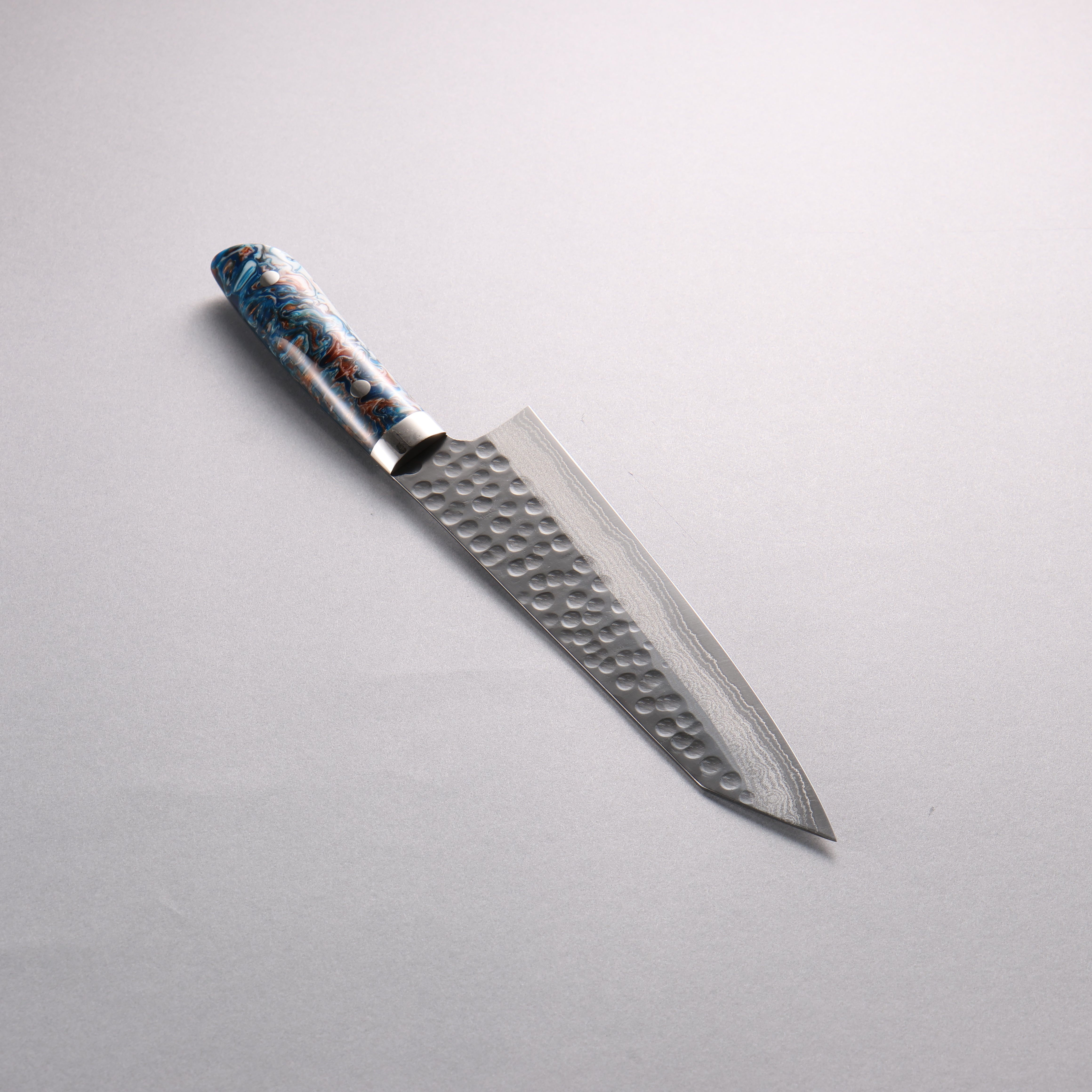 Takeshi Saji SRS13 Hammered(Maru) Damascus Kiritsuke Gyuto 210mm White Blue Brown Acrylic Handle - Seisuke Knife