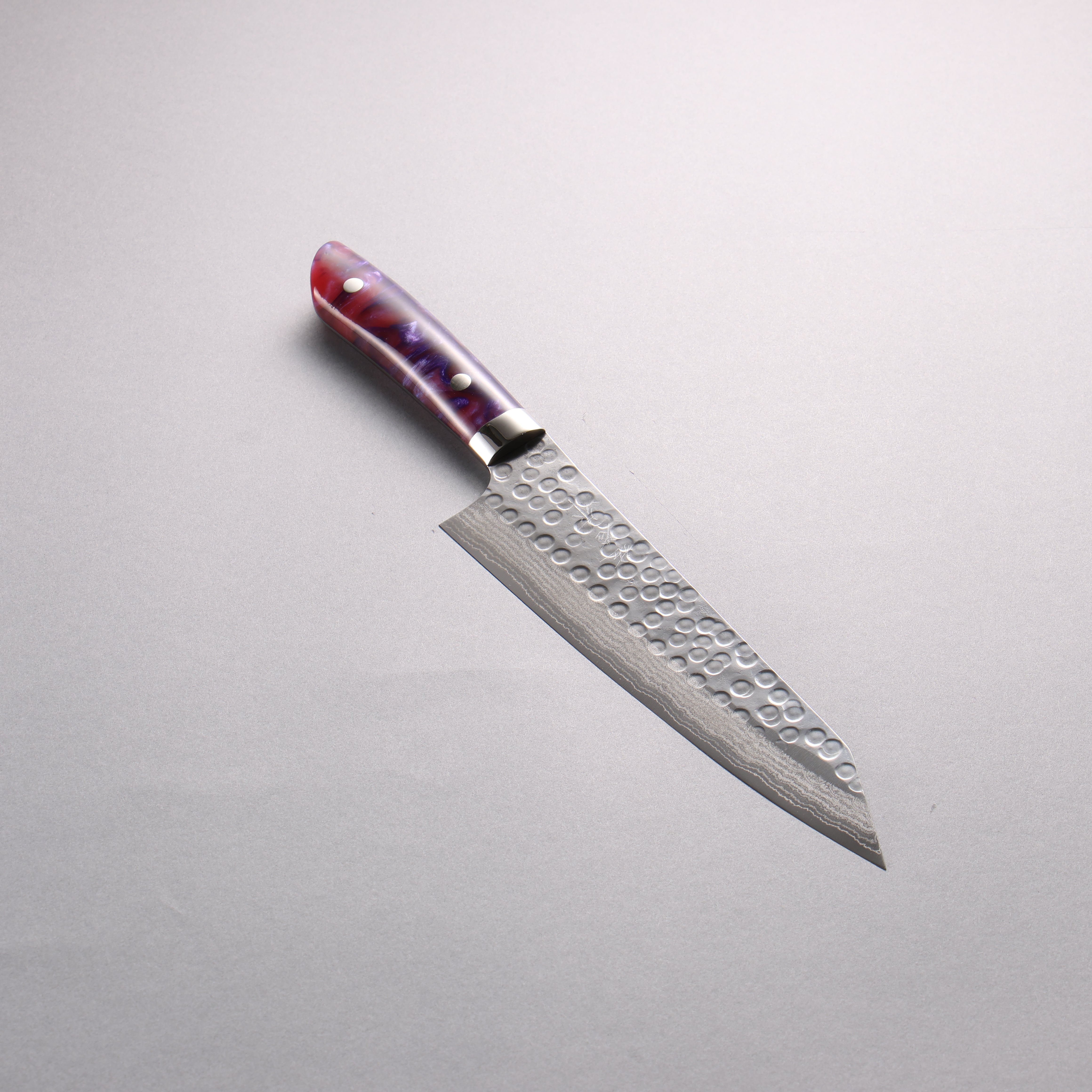 Takeshi Saji SRS13 Hammered(Maru) Damascus Kiritsuke Gyuto 210mm Purple Red White Acrylic Handle - Seisuke Knife