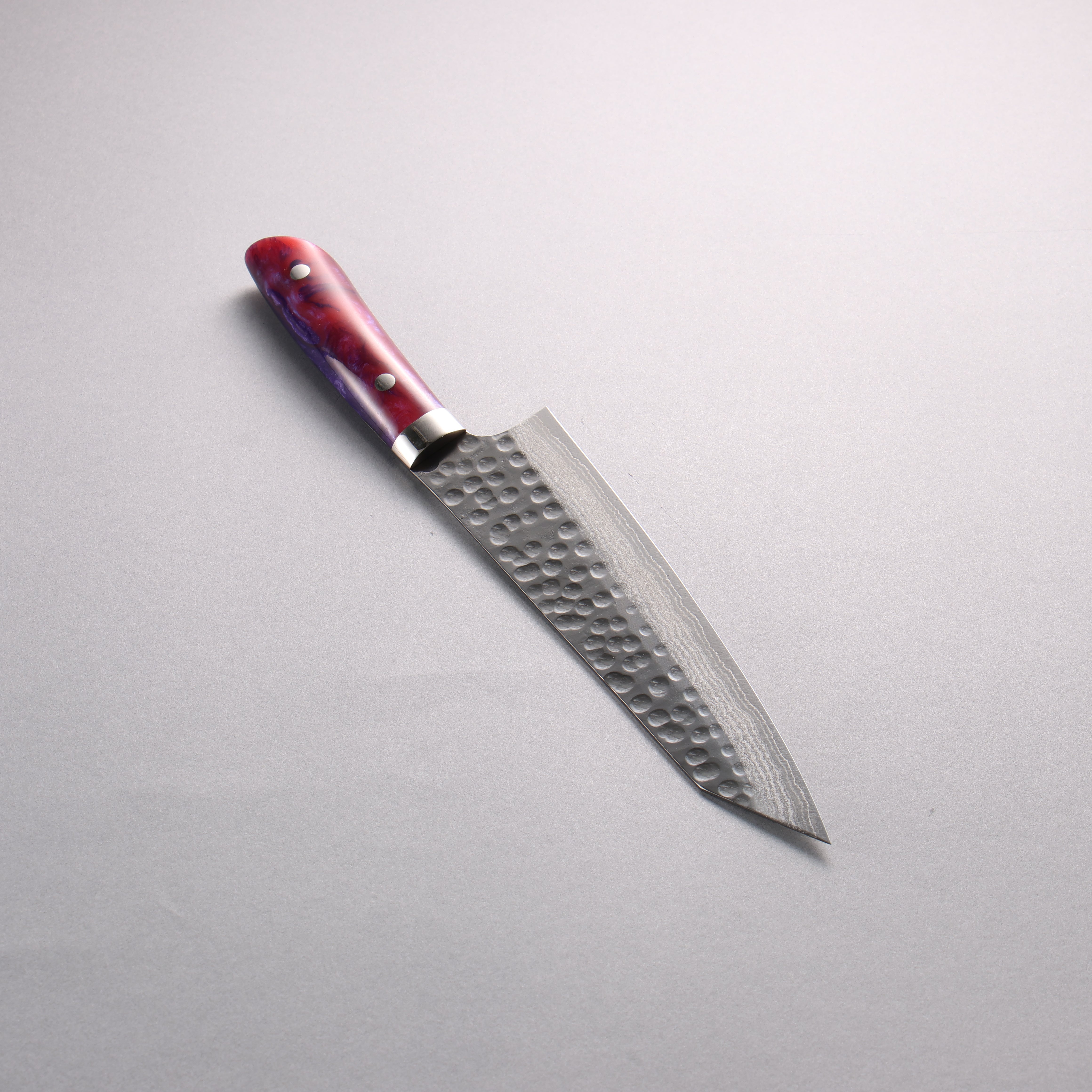 Takeshi Saji SRS13 Hammered(Maru) Damascus Kiritsuke Gyuto 210mm Purple Red White Acrylic Handle - Seisuke Knife