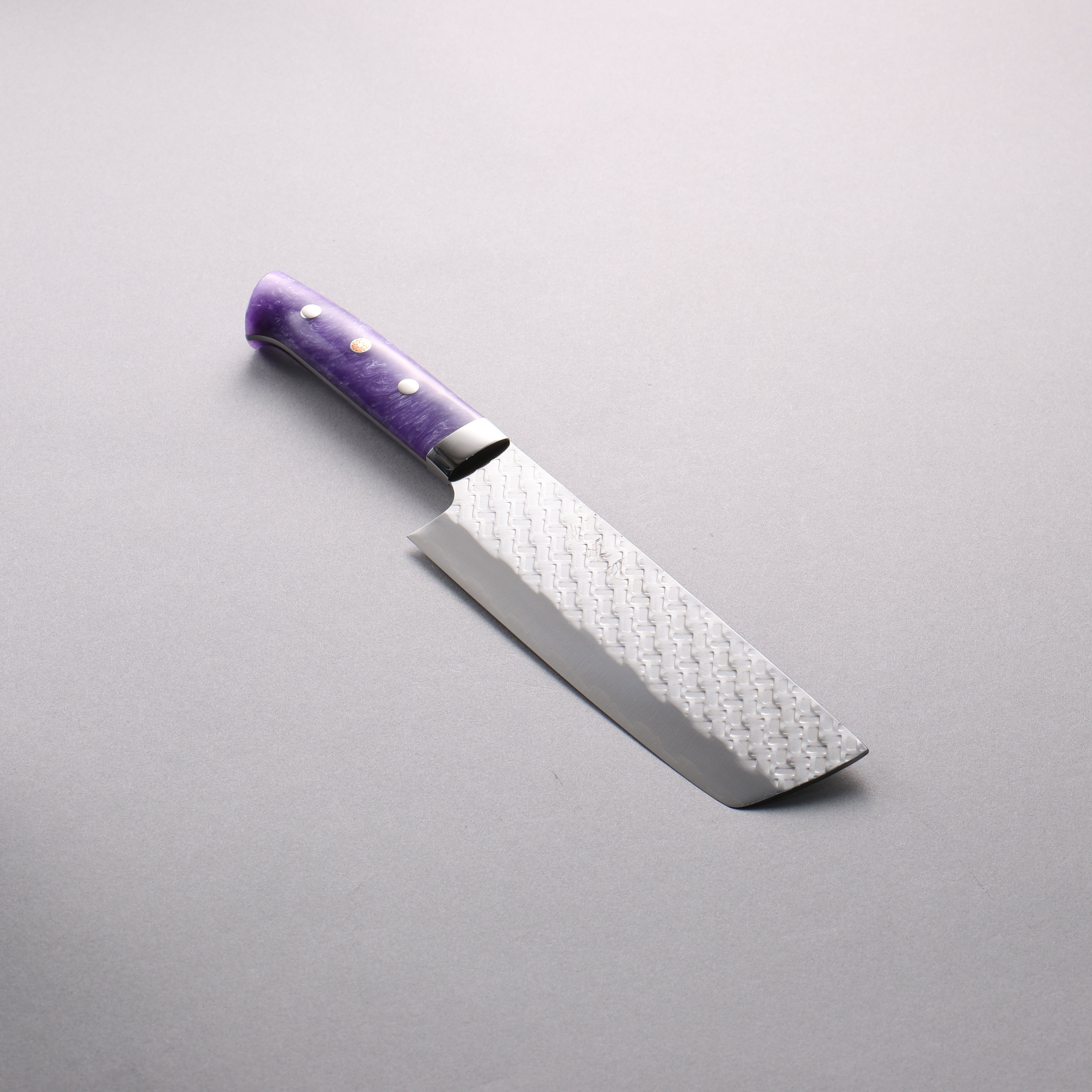Takeshi Saji SPG STRIX Hammered Migaki Finished Nakiri 165mm Purple and White Marble Acrylic Handle - Seisuke Knife