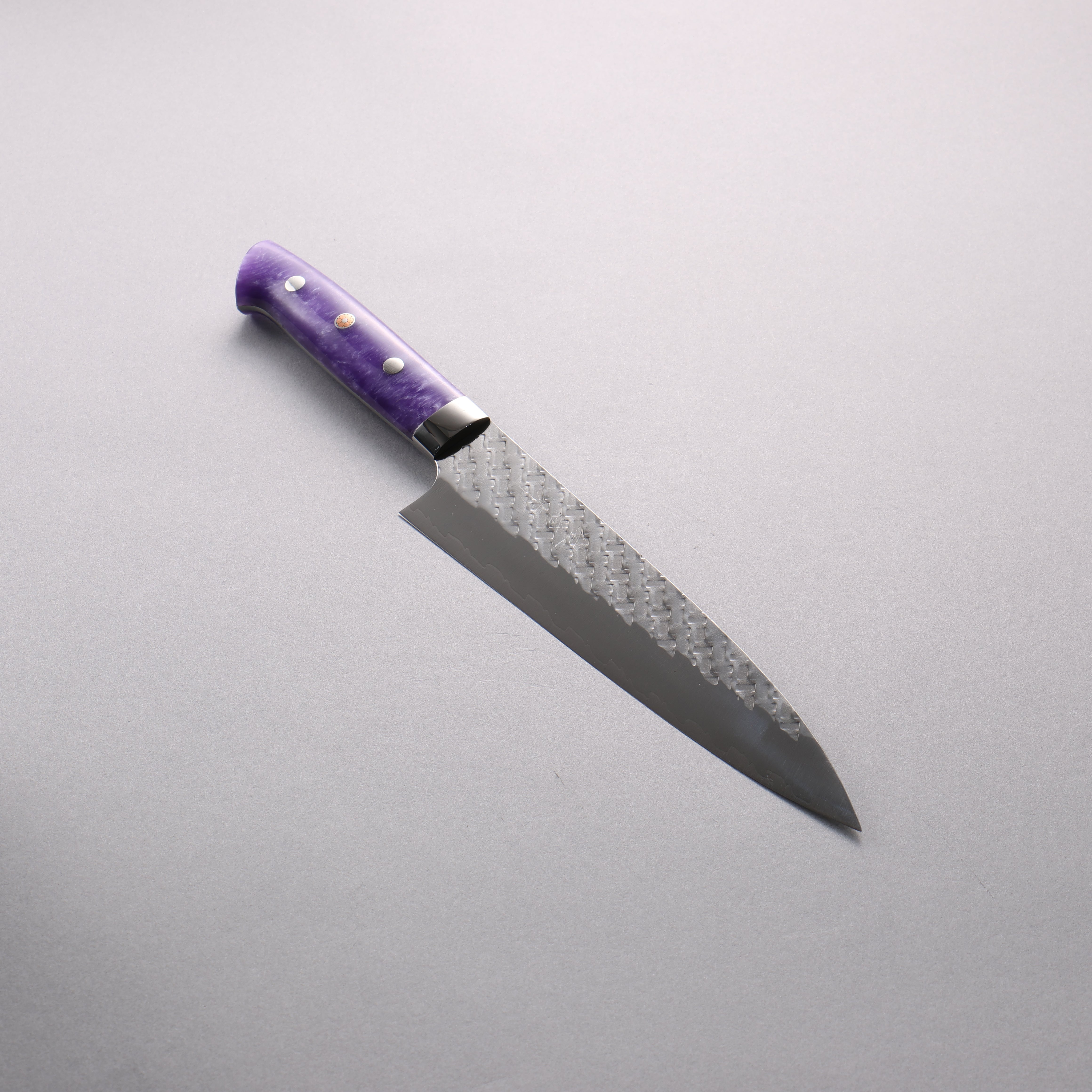 Takeshi Saji SPG STRIX Hammered Migaki Finished Gyuto 210mm Purple Acrylic Handle - Seisuke Knife