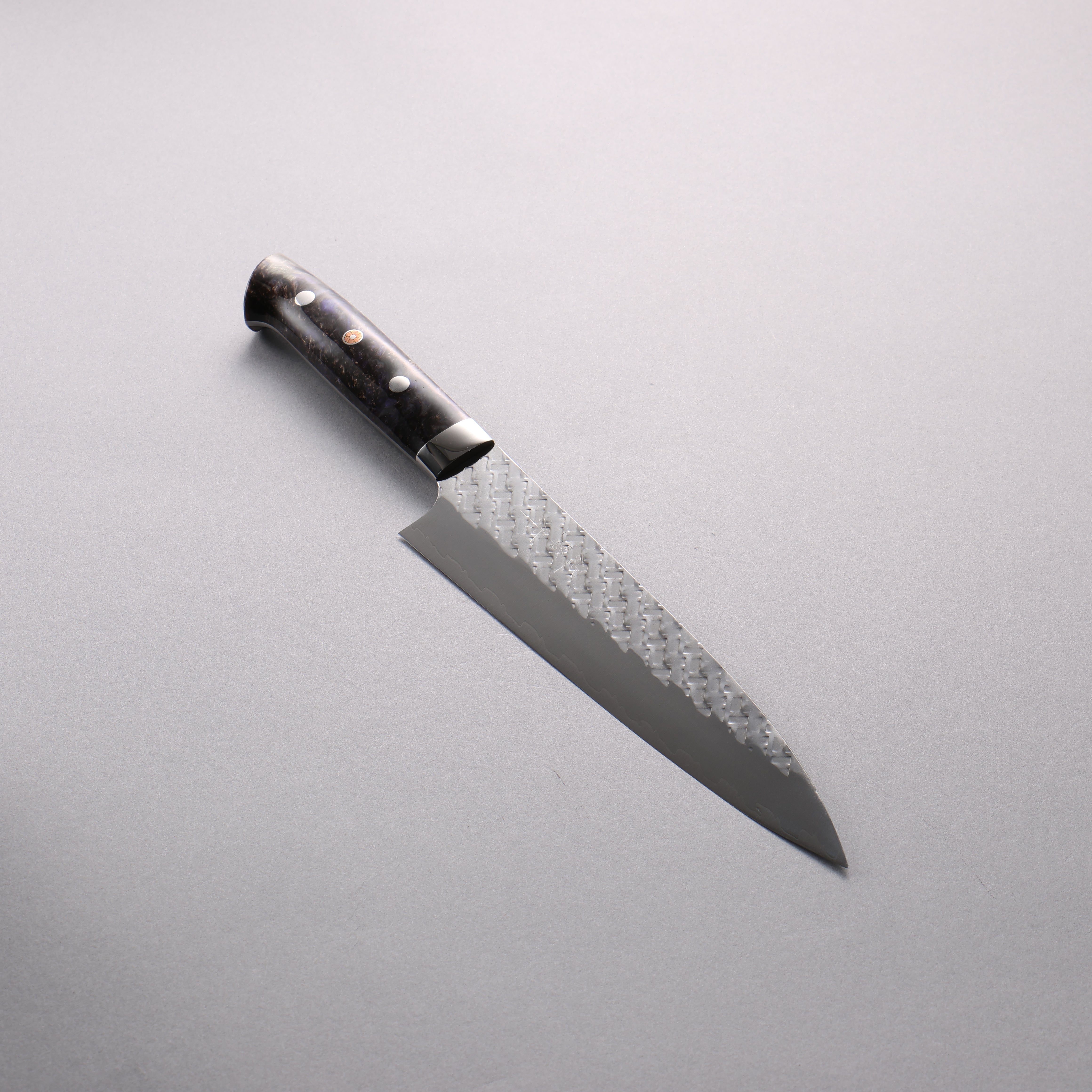 Takeshi Saji SPG STRIX Hammered Migaki Finished Gyuto 210mm Purple White Gold Marble Acrylic Handle - Seisuke Knife