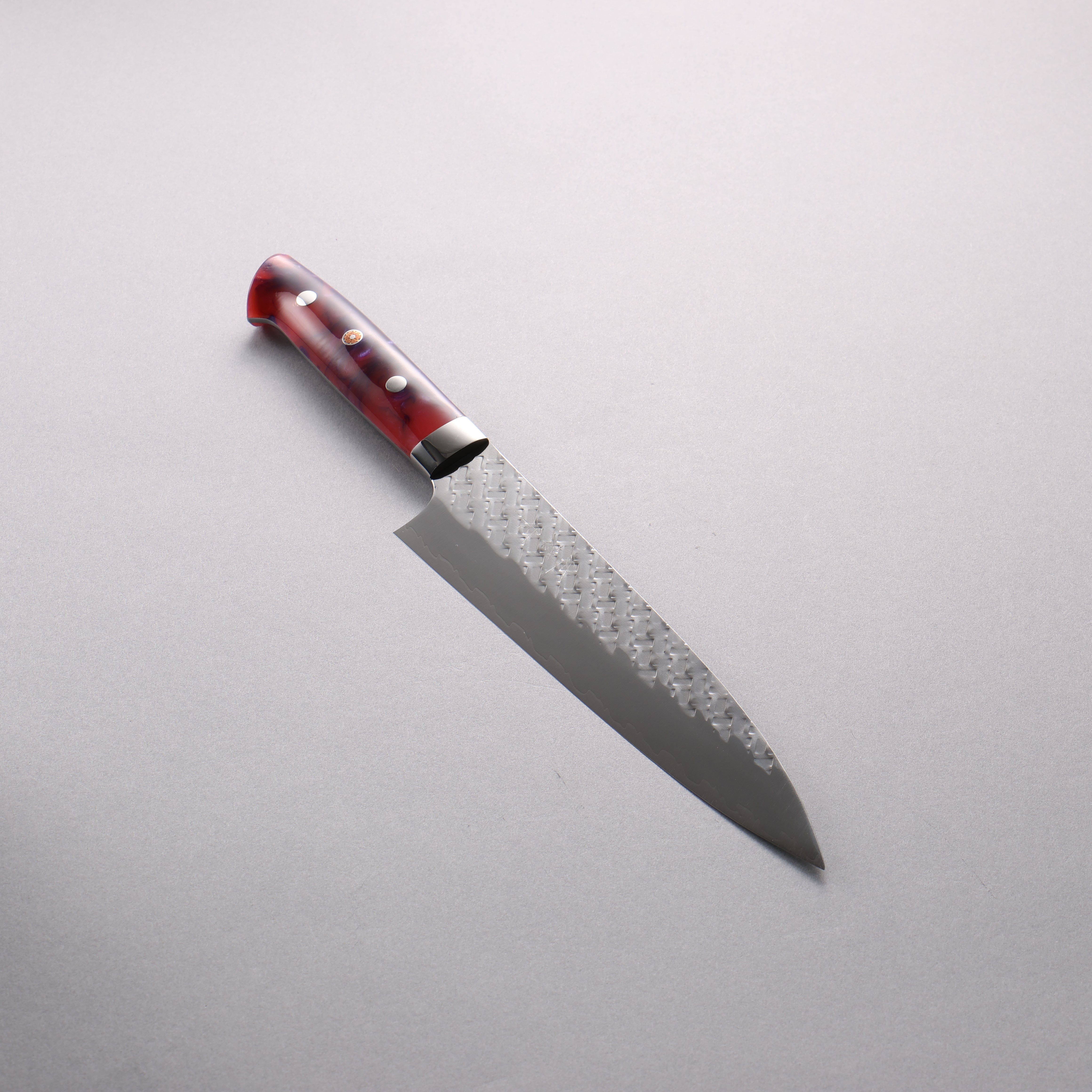 Takeshi Saji SPG STRIX Hammered Migaki Finished Gyuto 210mm Purple Red White Acrylic Handle - Seisuke Knife
