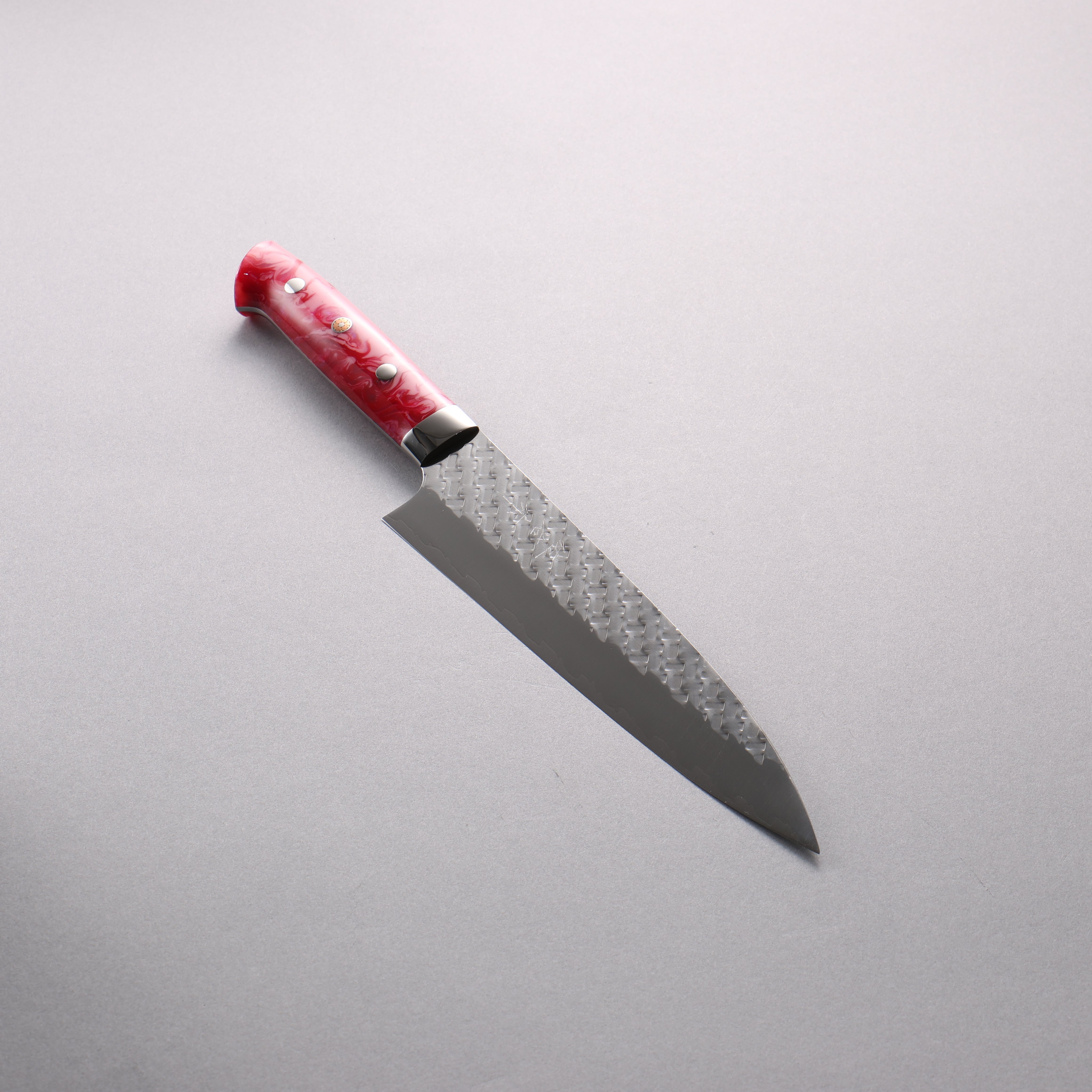 Takeshi Saji SPG STRIX Hammered Migaki Finished Gyuto 210mm Pink and Red Marble Acrylic Handle - Seisuke Knife