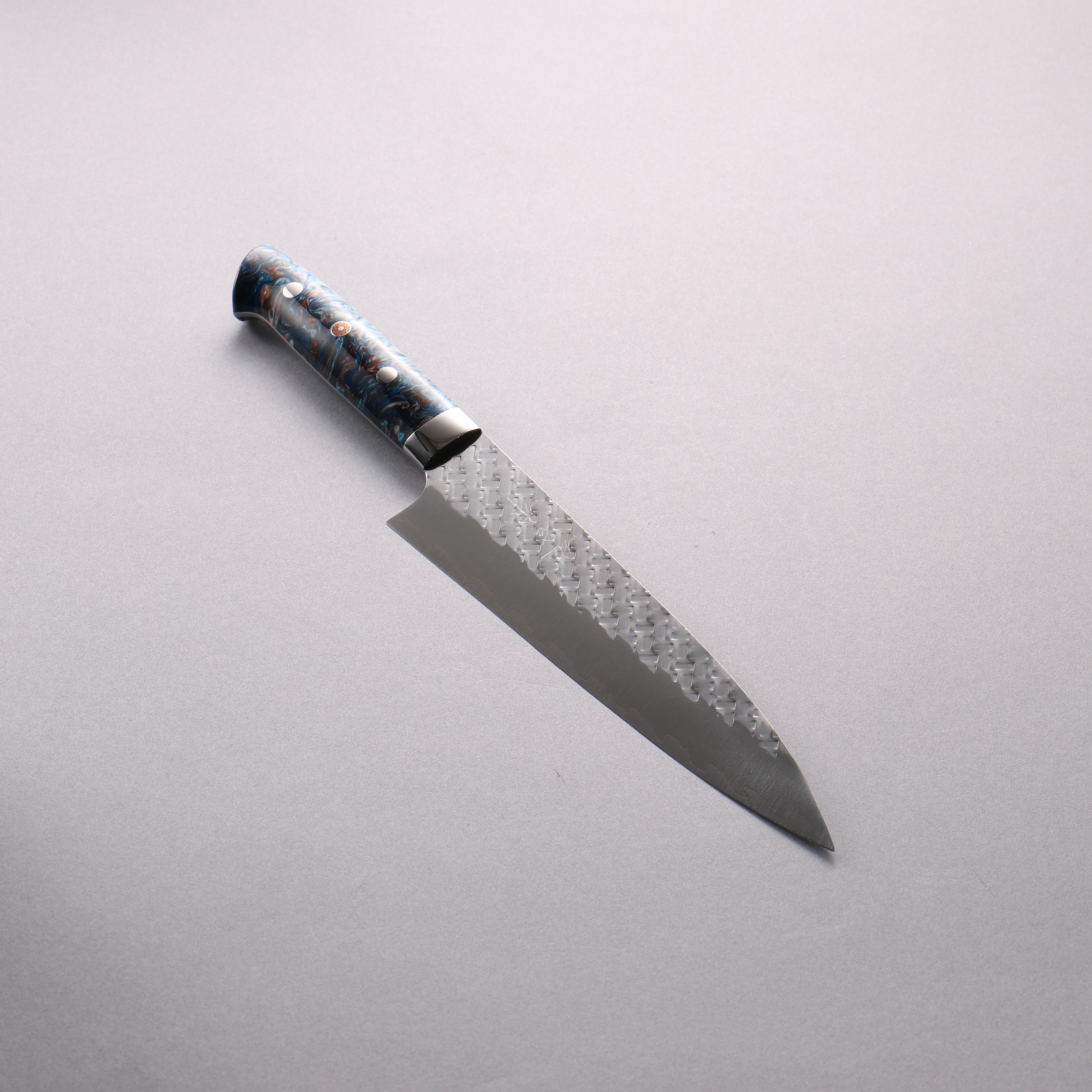 Takeshi Saji SPG STRIX Hammered Migaki Finished Gyuto 210mm White Blue Brown Acrylic Handle - Seisuke Knife