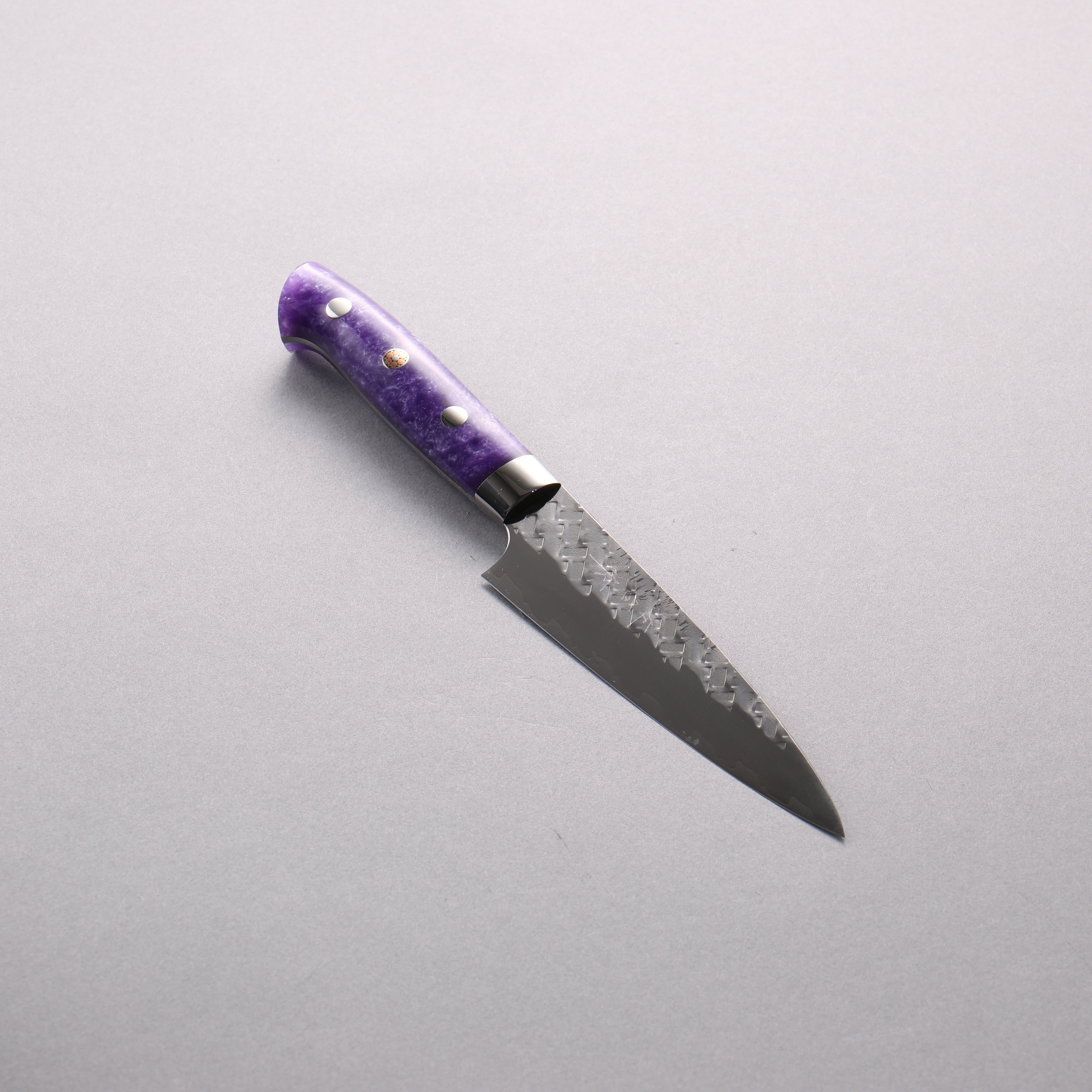 Takeshi Saji SPG STRIX Hammered Migaki Finished Petty-Utility 130mm Purple and White Marble Acrylic Handle - Seisuke Knife
