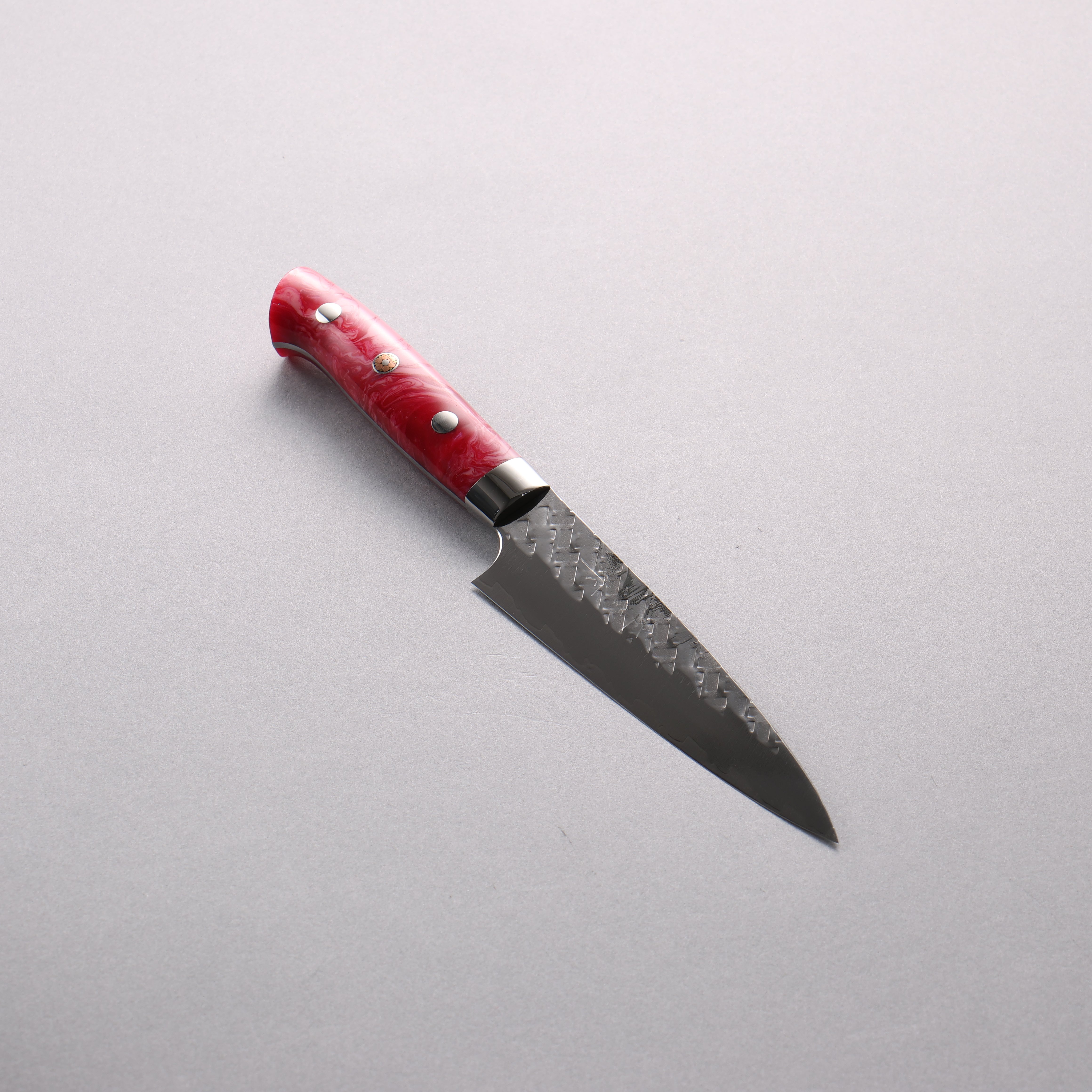 Takeshi Saji SPG STRIX Hammered Migaki Finished Petty-Utility 130mm Pink and Red Marble Acrylic Handle - Seisuke Knife