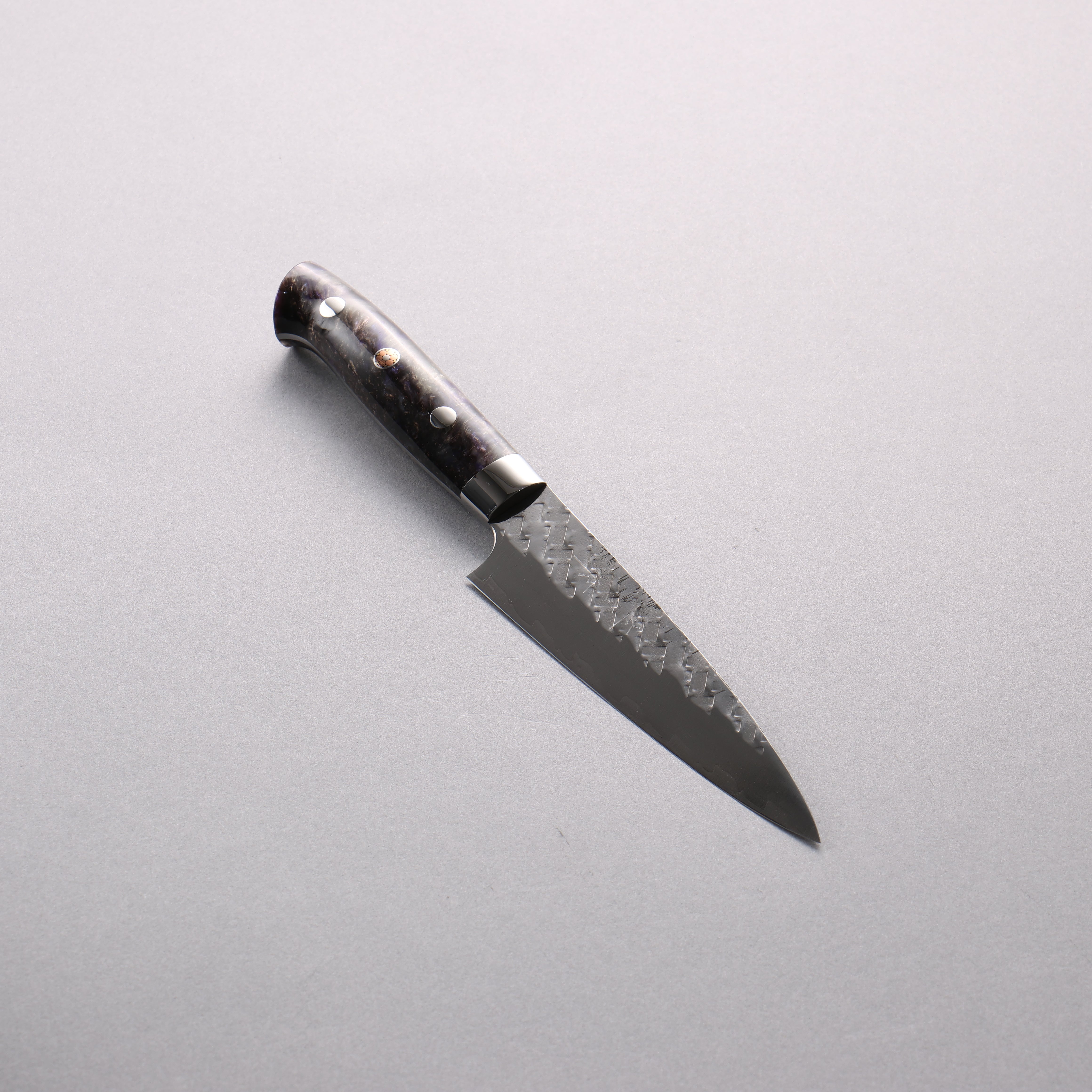 Takeshi Saji SPG STRIX Hammered Migaki Finished Petty-Utility 130mm Purple White Gold Marble Acrylic Handle - Seisuke Knife