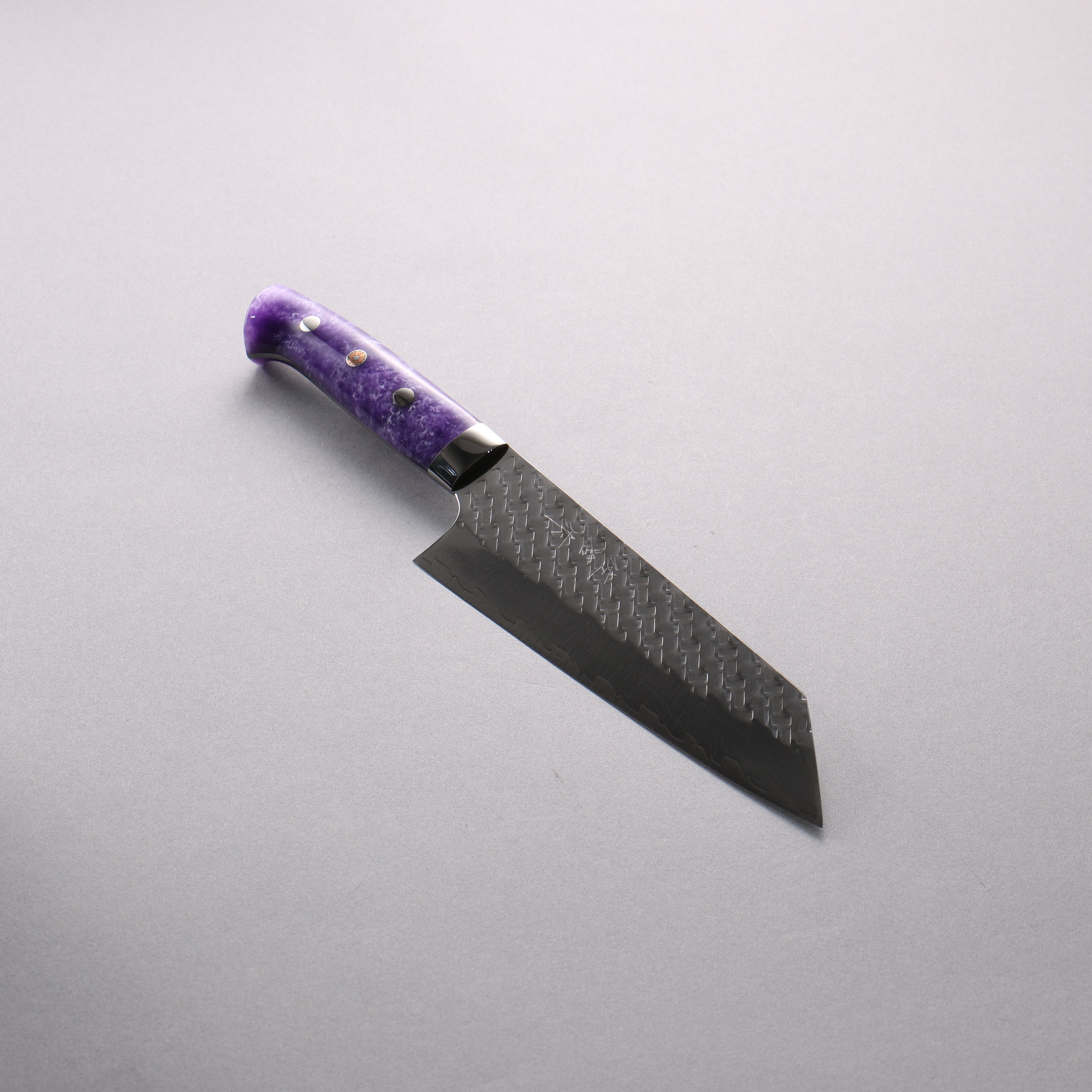 Takeshi Saji SPG STRIX Hammered Migaki Finished Bunka 180mm Purple and White Marble Acrylic Handle - Seisuke Knife