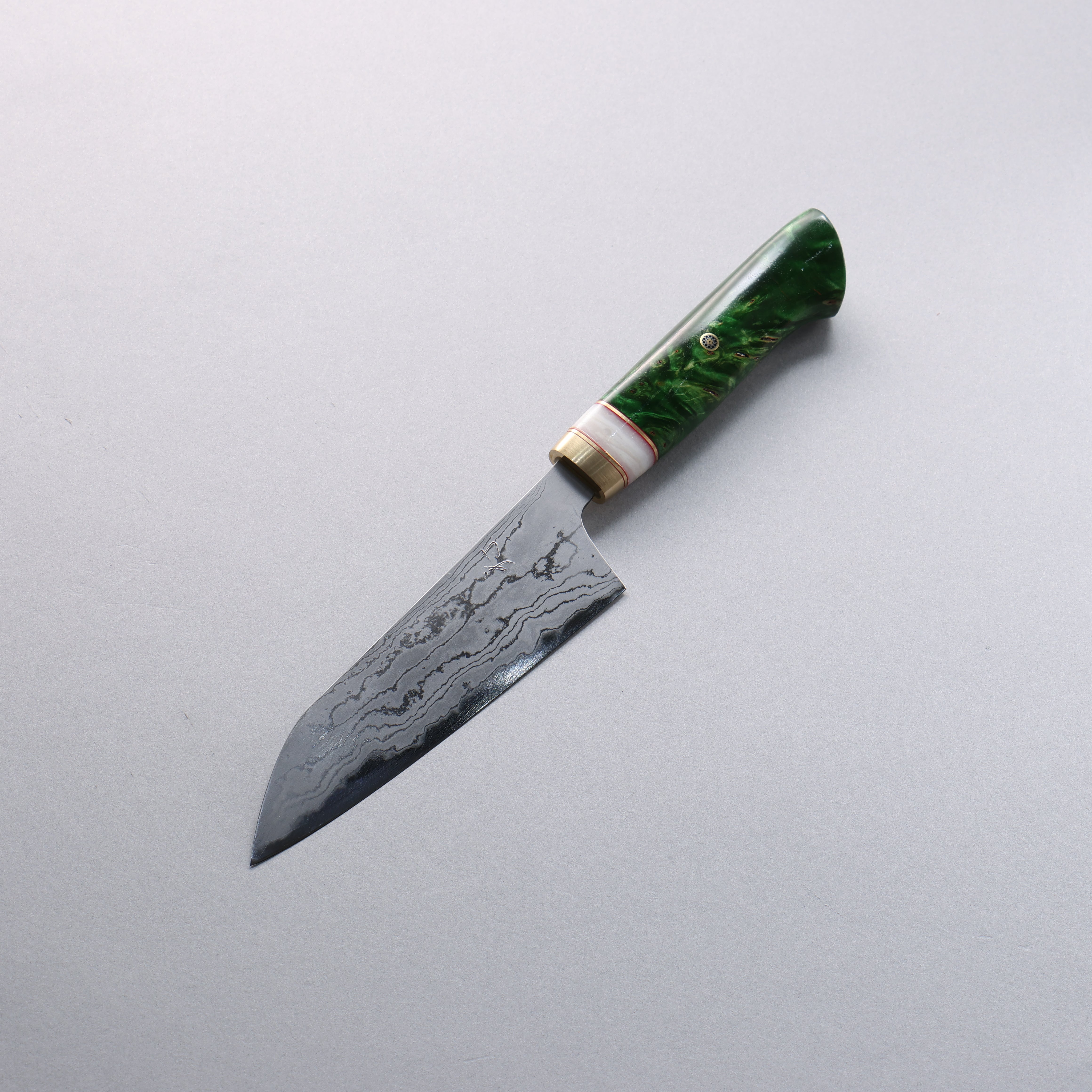 Daisuke Nishida White Steel No.1 Damascus Small Santoku 150mm Green Marble Acrylic Handle - Seisuke Knife