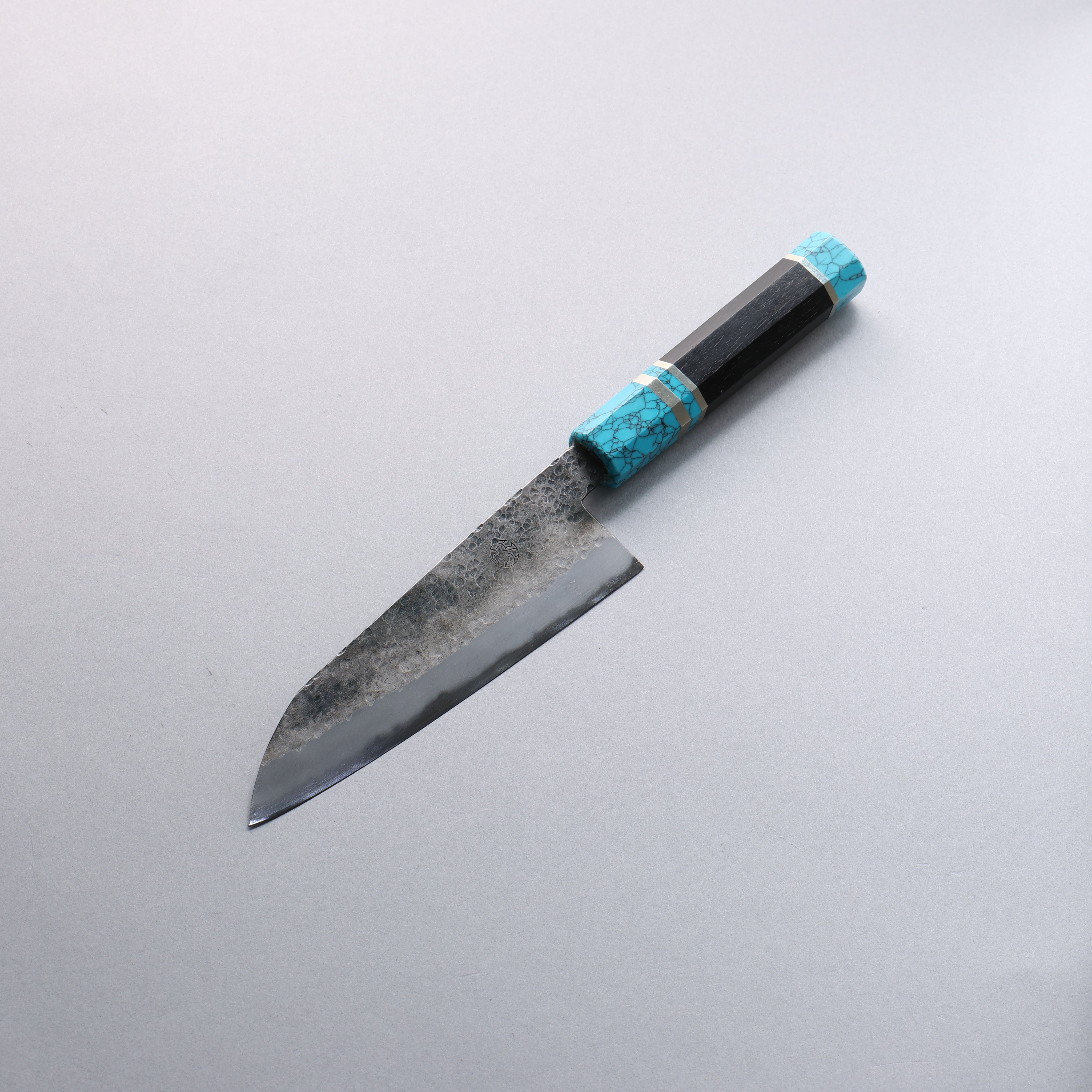 Daisuke Nishida White Steel No.1 Hammered Santoku 165mm Rosewood with Siver Rngs and Blue turquoise Ferrule and End Cap Handle - Seisuke Knife
