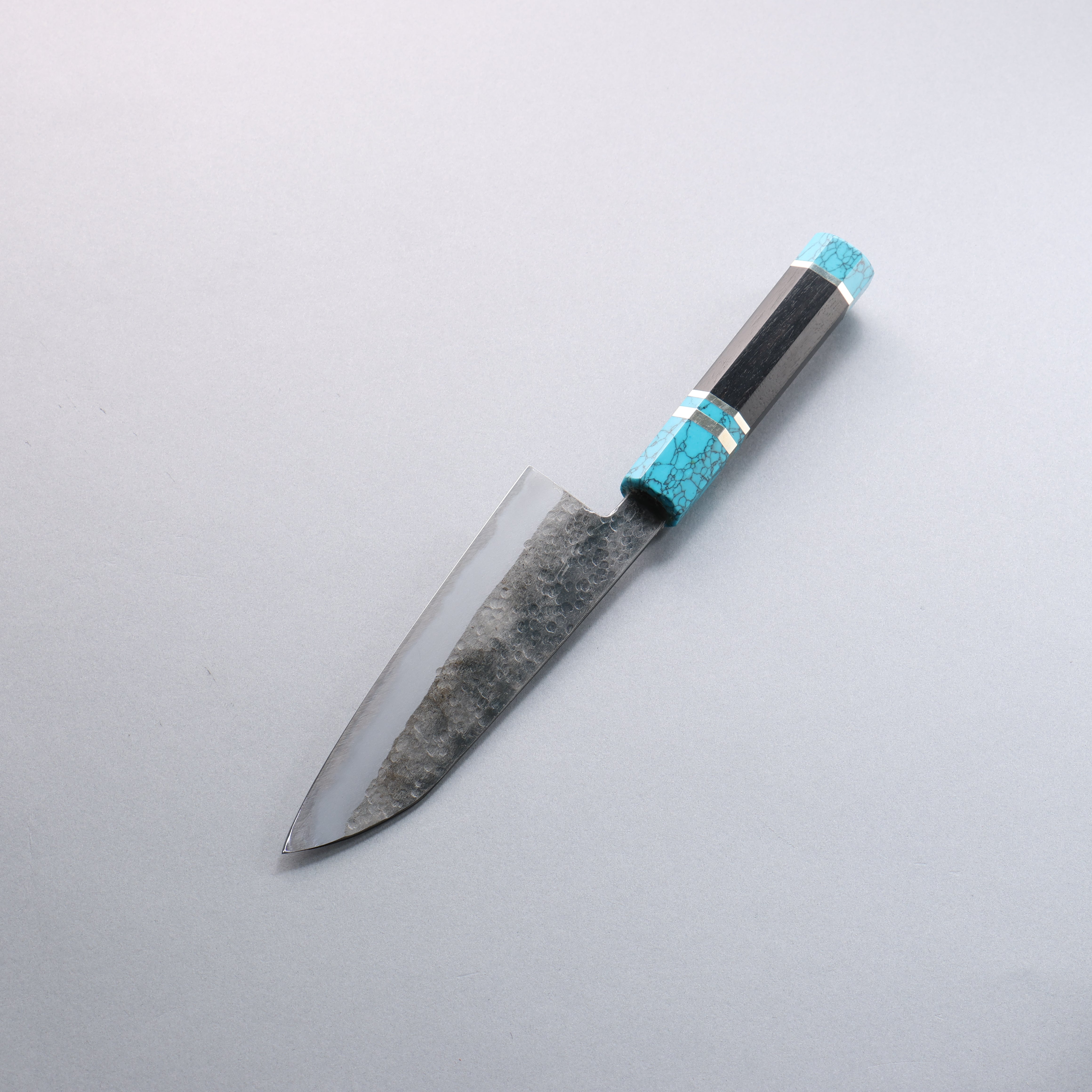 Daisuke Nishida White Steel No.1 Hammered Santoku 165mm Rosewood with Siver Rngs and Blue turquoise Ferrule and End Cap Handle - Seisuke Knife