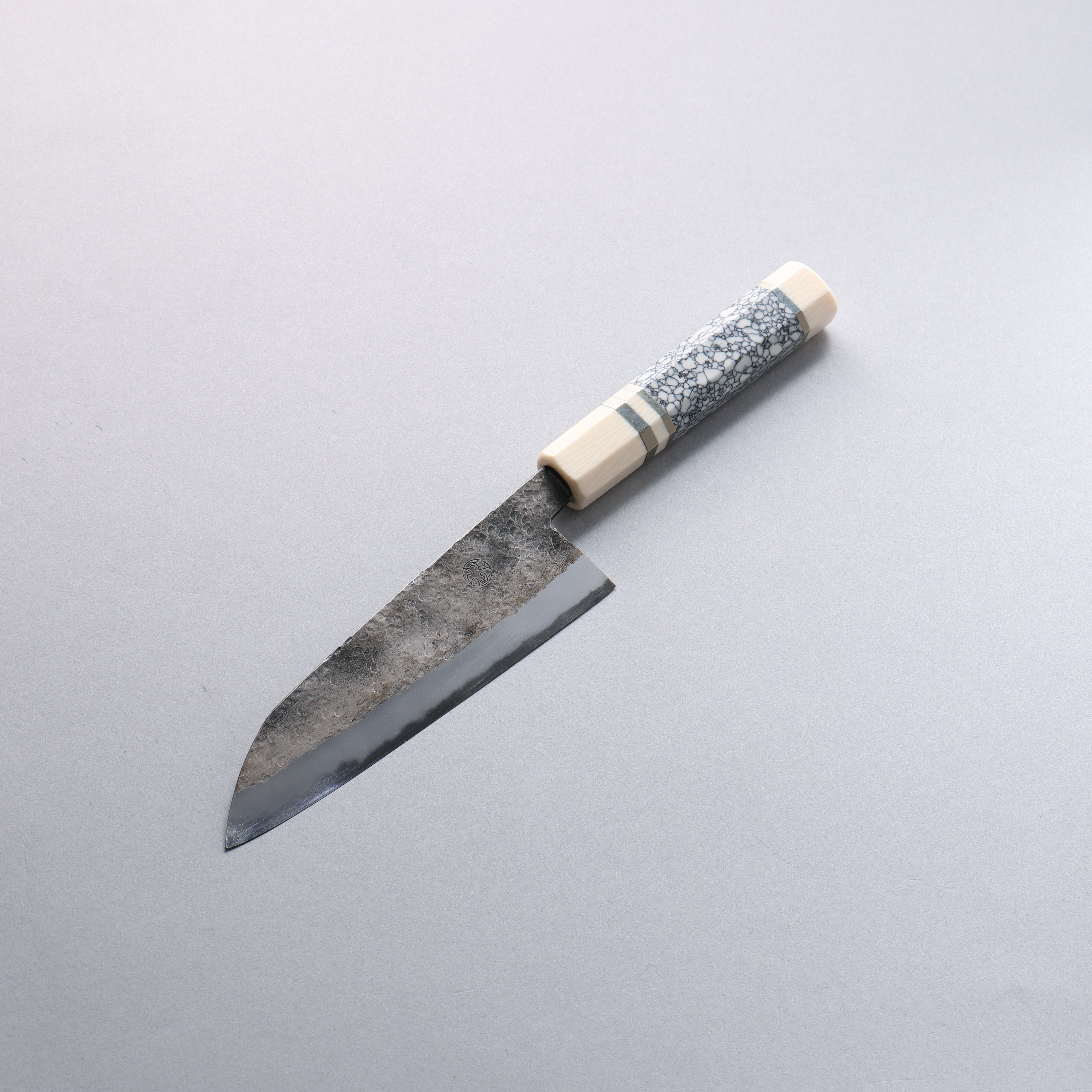 Daisuke Nishida White Steel No.1 Hammered Santoku 165mm White turquoise with Silver Rings and Imitation Ivory Ferrule and End Cap Handle - Seisuke Knife