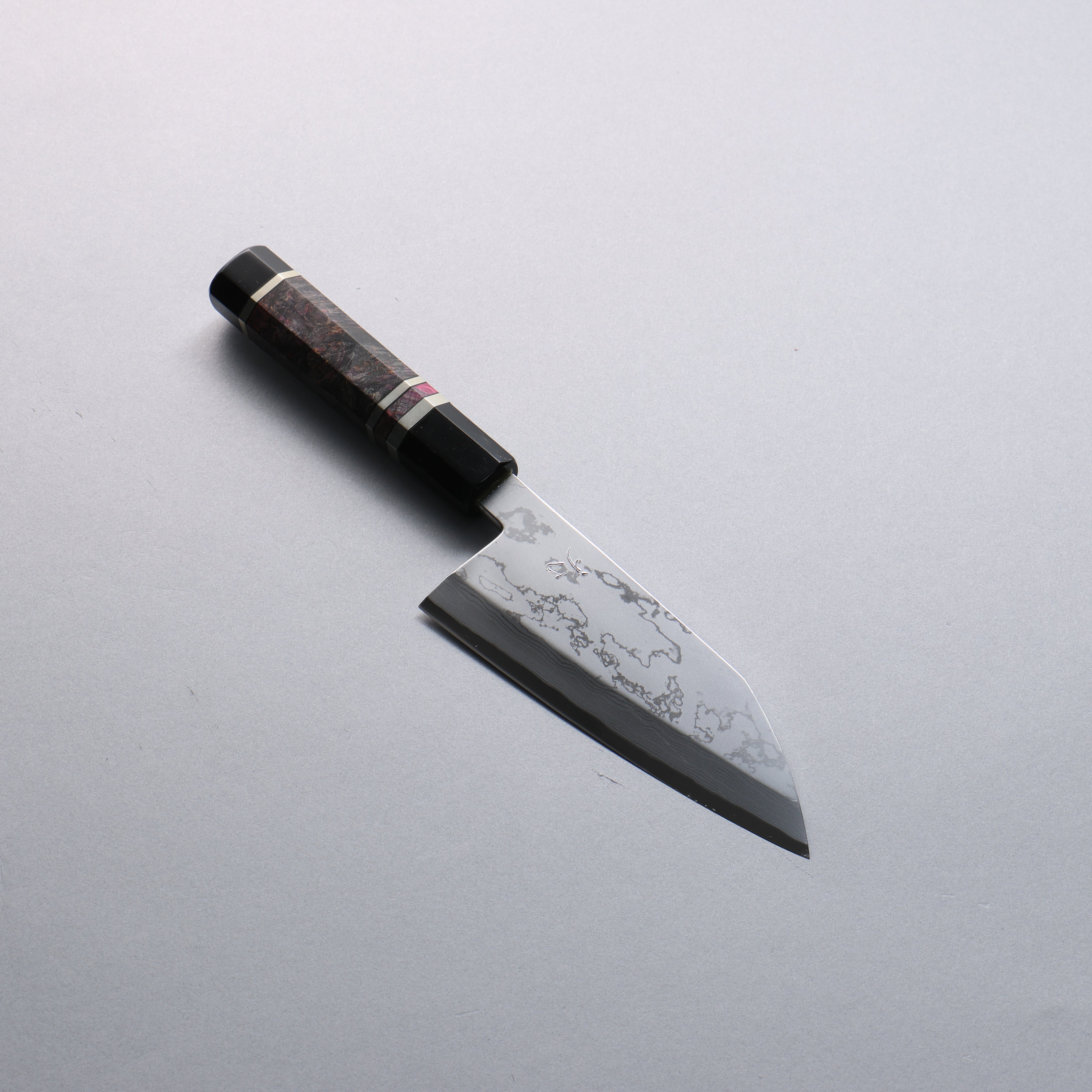Daisuke Nishida Blue Steel No.2 Damascus Deba 150mm Stabilized Burl with Silver Rings and Water Buffalo Horn Terrule and End Cap Handle - Seisuke Knife