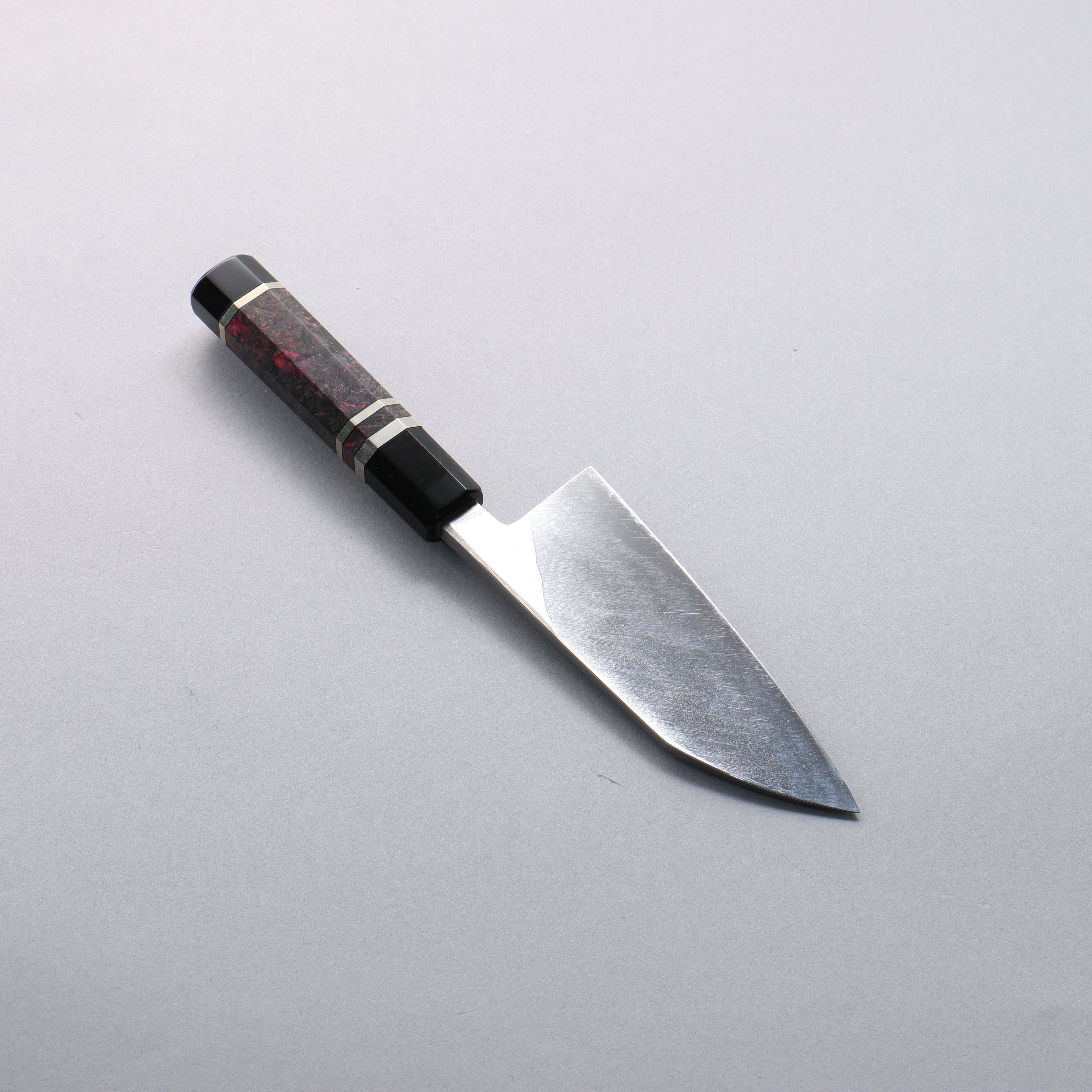 Daisuke Nishida Blue Steel No.2 Damascus Deba 150mm Stabilized Burl with Silver Rings and Water Buffalo Horn Terrule and End Cap Handle - Seisuke Knife