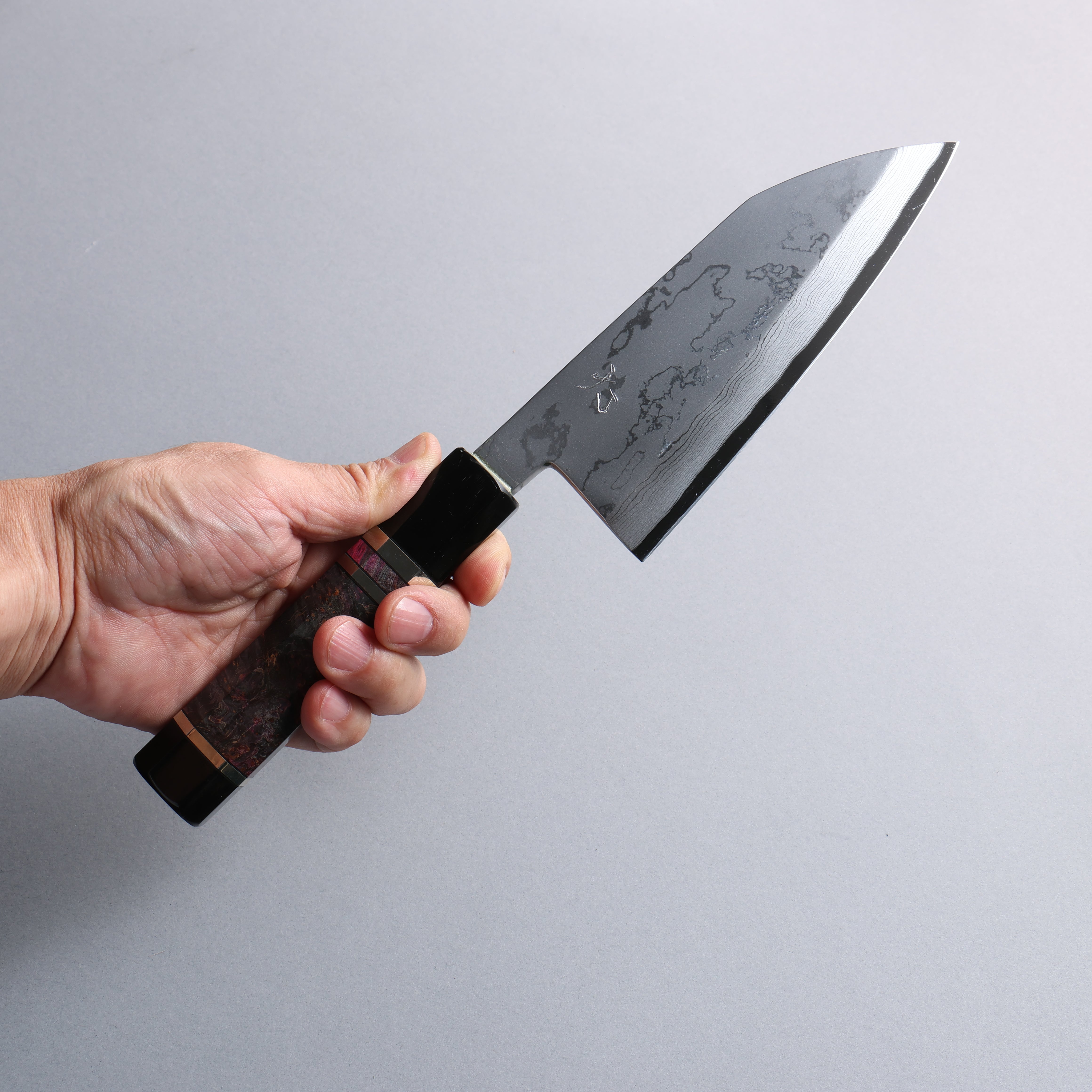 Daisuke Nishida Blue Steel No.2 Damascus Deba 150mm Stabilized Burl with Silver Rings and Water Buffalo Horn Terrule and End Cap Handle - Seisuke Knife