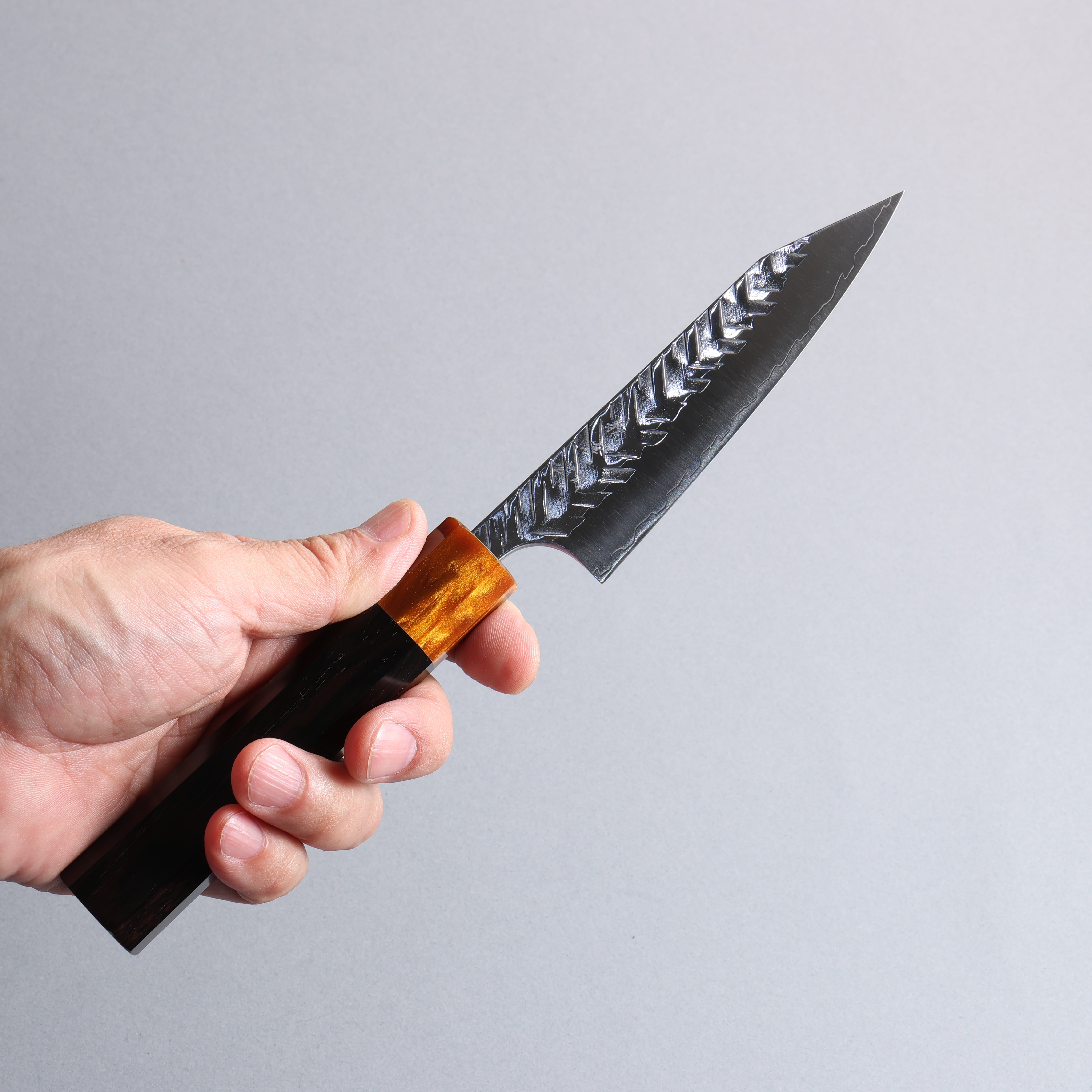 Yoshimi Kato SPG STRIX Hammered (V) Kiritsuke Petty-Utility 120mm Ebony (ferrule: Orange Resin) Handle - Seisuke Knife