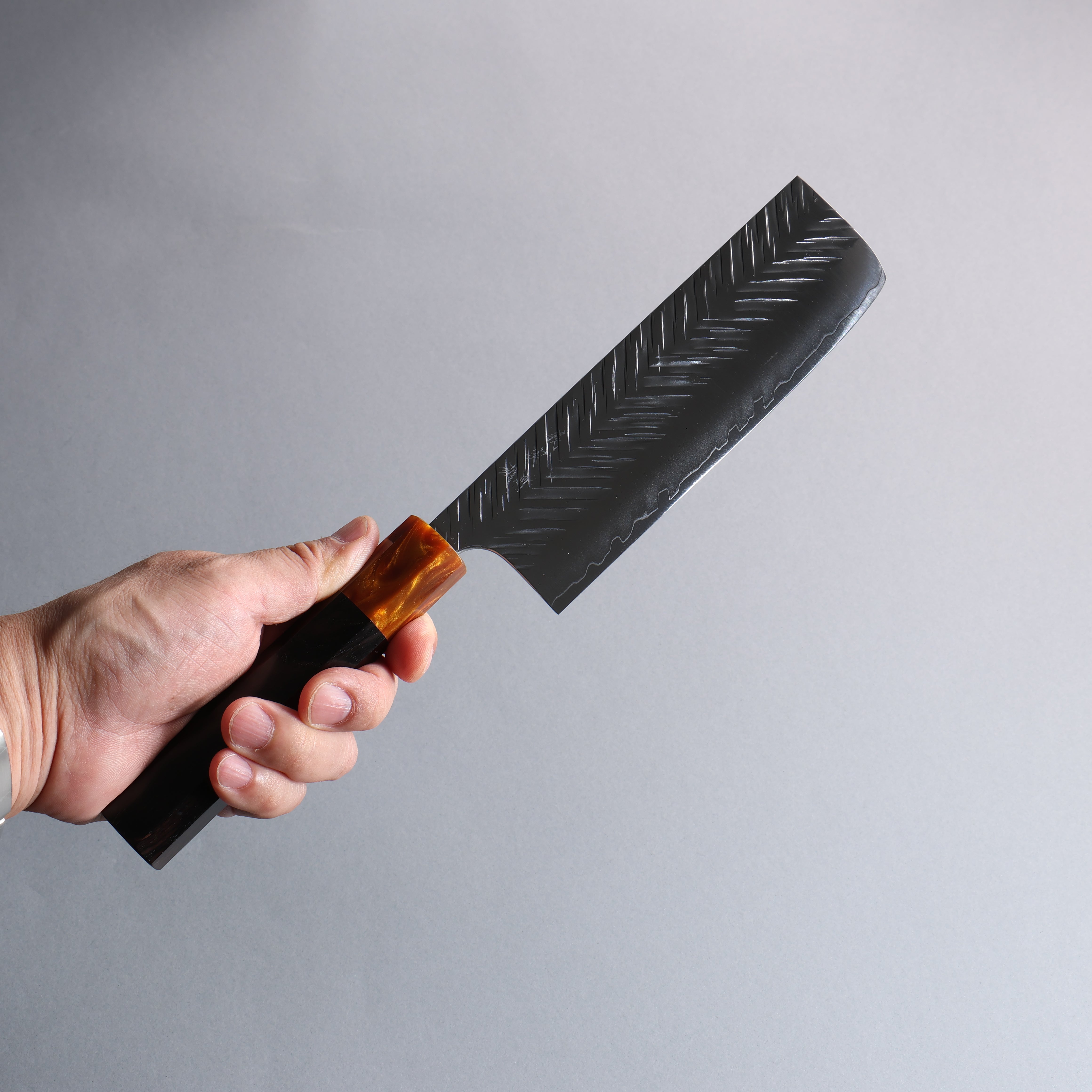 Yoshimi Kato SPG STRIX Hammered (V) Nakiri 165mm Ebony (ferrule: Orange Resin) Handle - Seisuke Knife