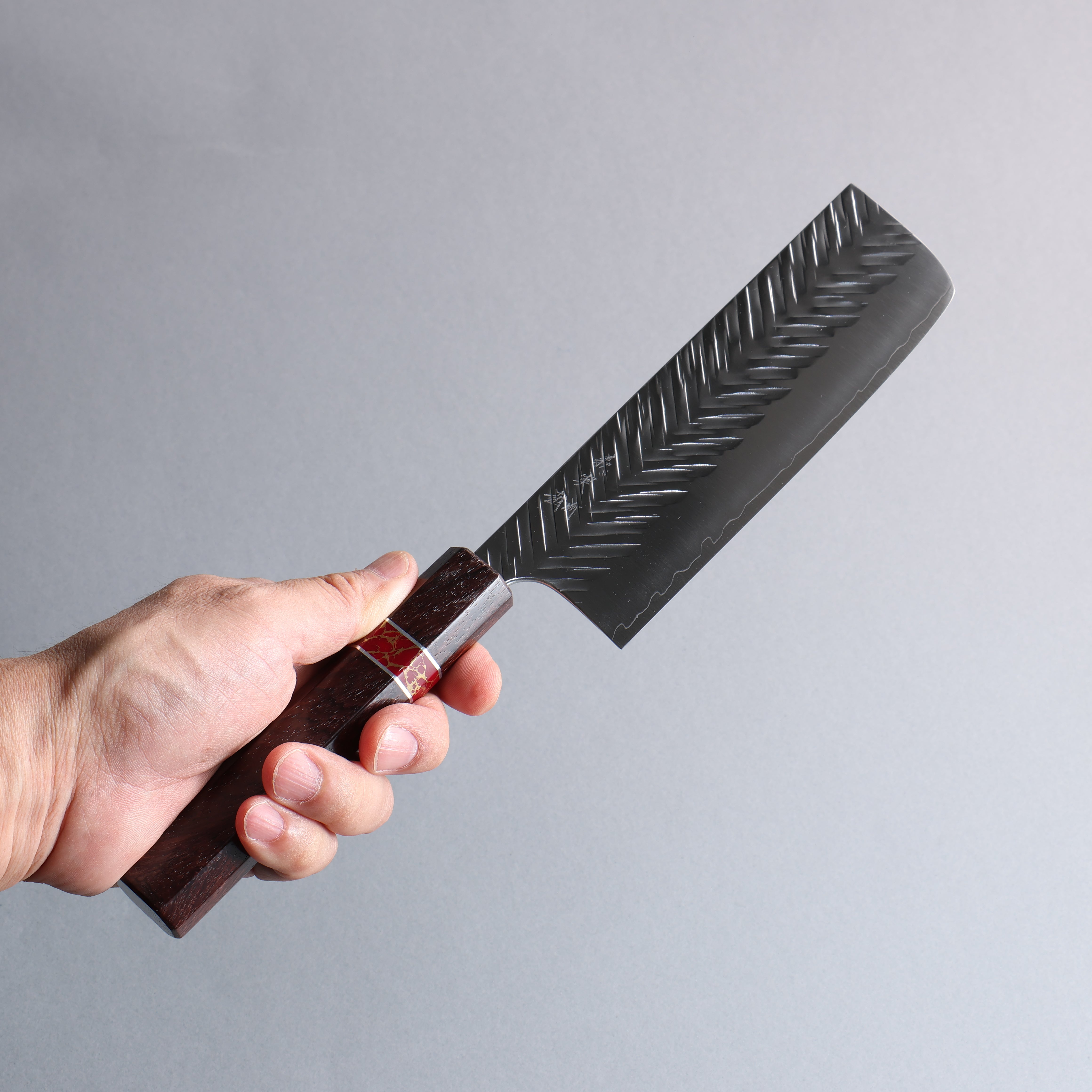 Yoshimi Kato SPG STRIX Hammered (V) Nakiri 165mm Rosewood (Red Turquoise Ring) Handle - Seisuke Knife