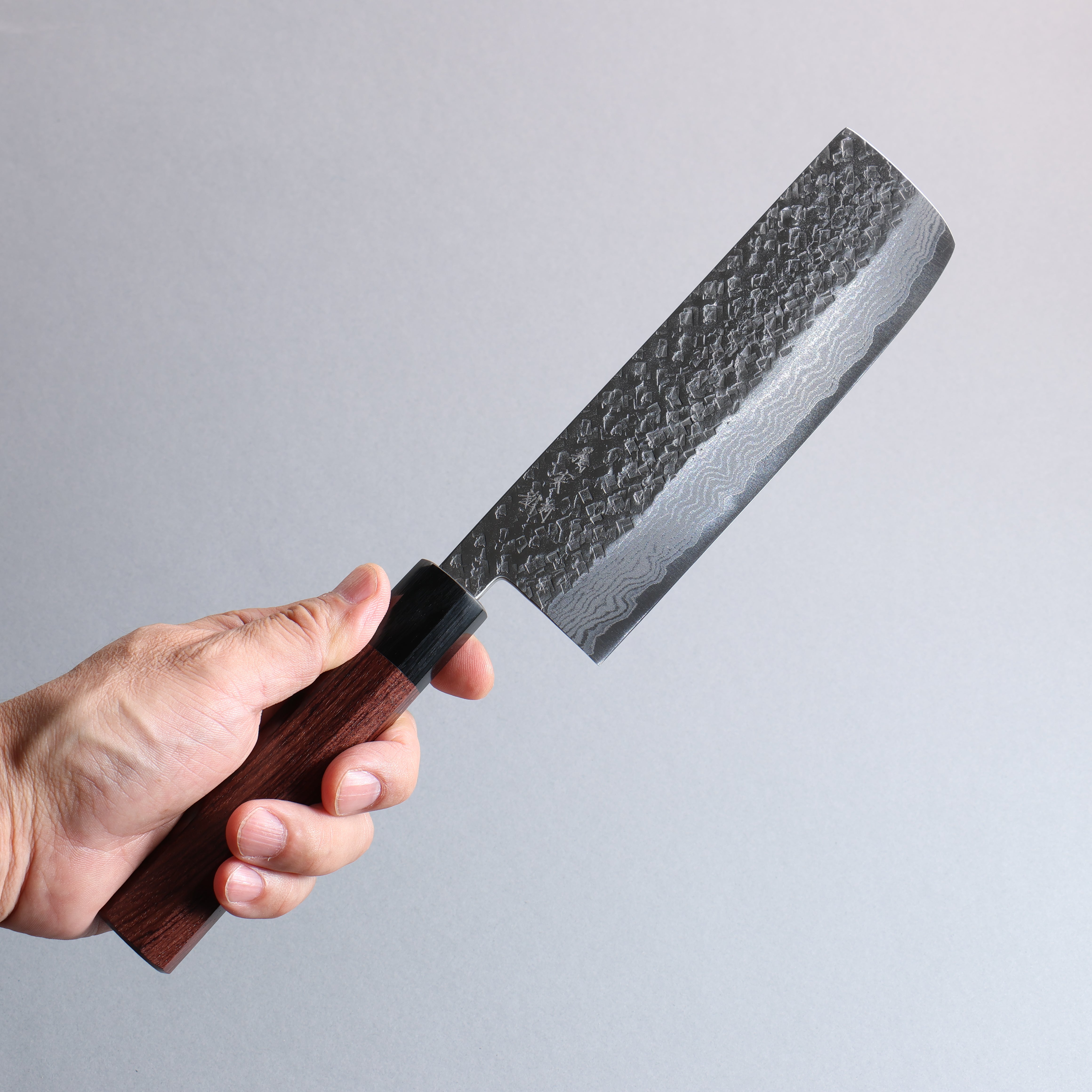 Yoshimi Kato VG10 Damascus Hammered(square) Nakiri 165mm Honduras (ferrule: Black Pakka wood) Handle - Seisuke Knife