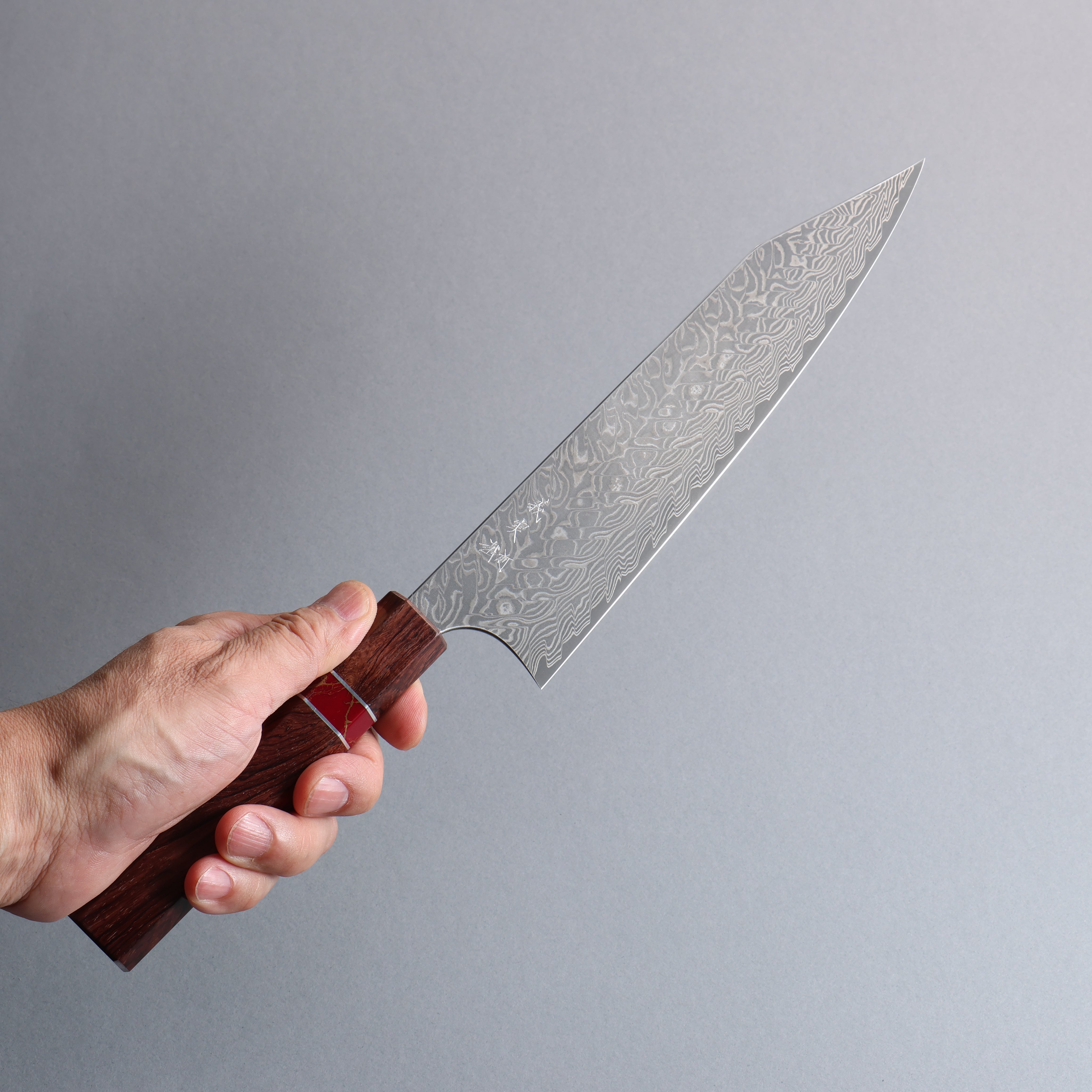 Yoshimi Kato SG2 Black Damascus Kiritsuke Gyuto 210mm Rosewood (Red Turquoise Ring) Handle - Seisuke Knife