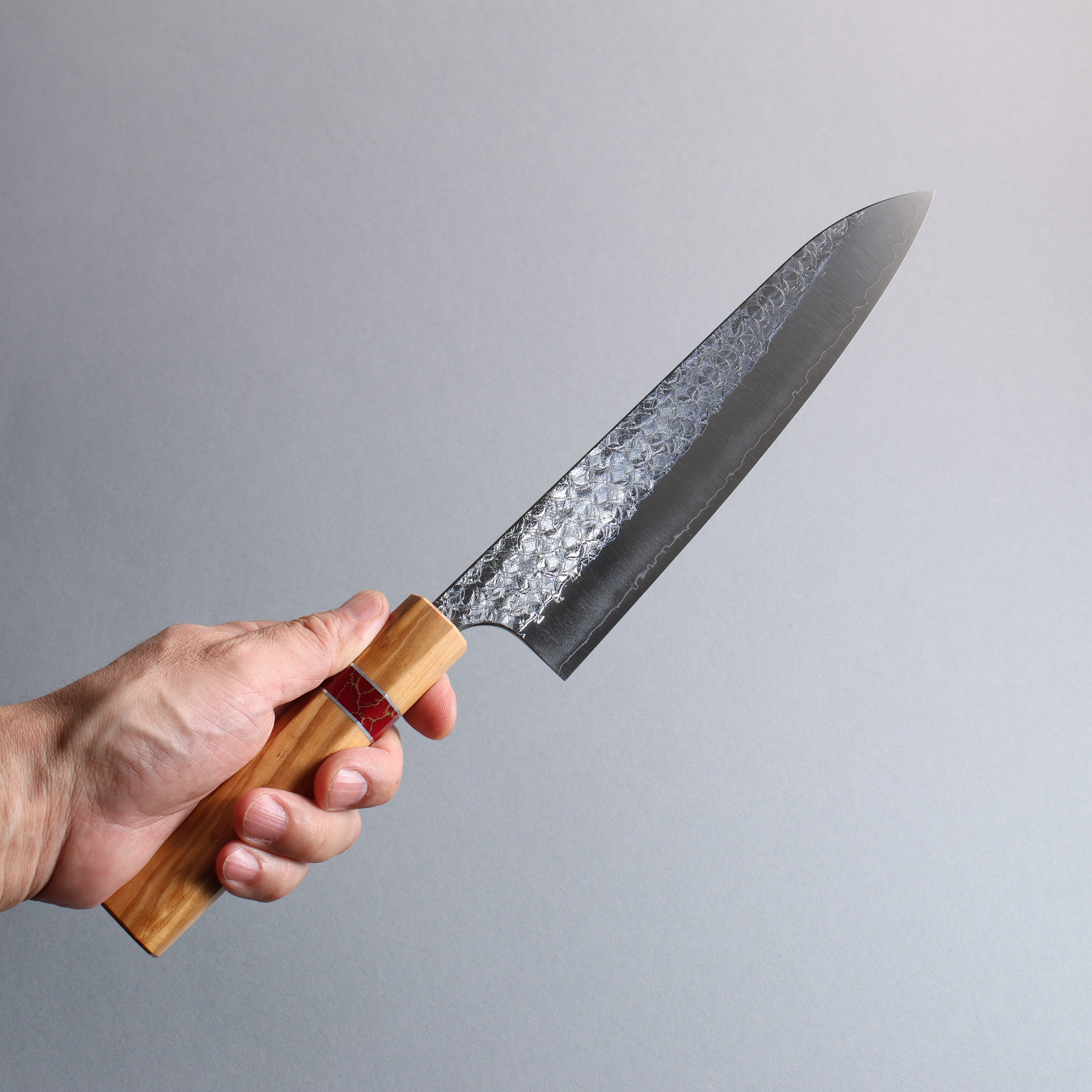 Yoshimi Kato Minamo SG2 Hammered Gyuto 210mm Olive (Red Turquoise Ring) Handle - Seisuke Knife