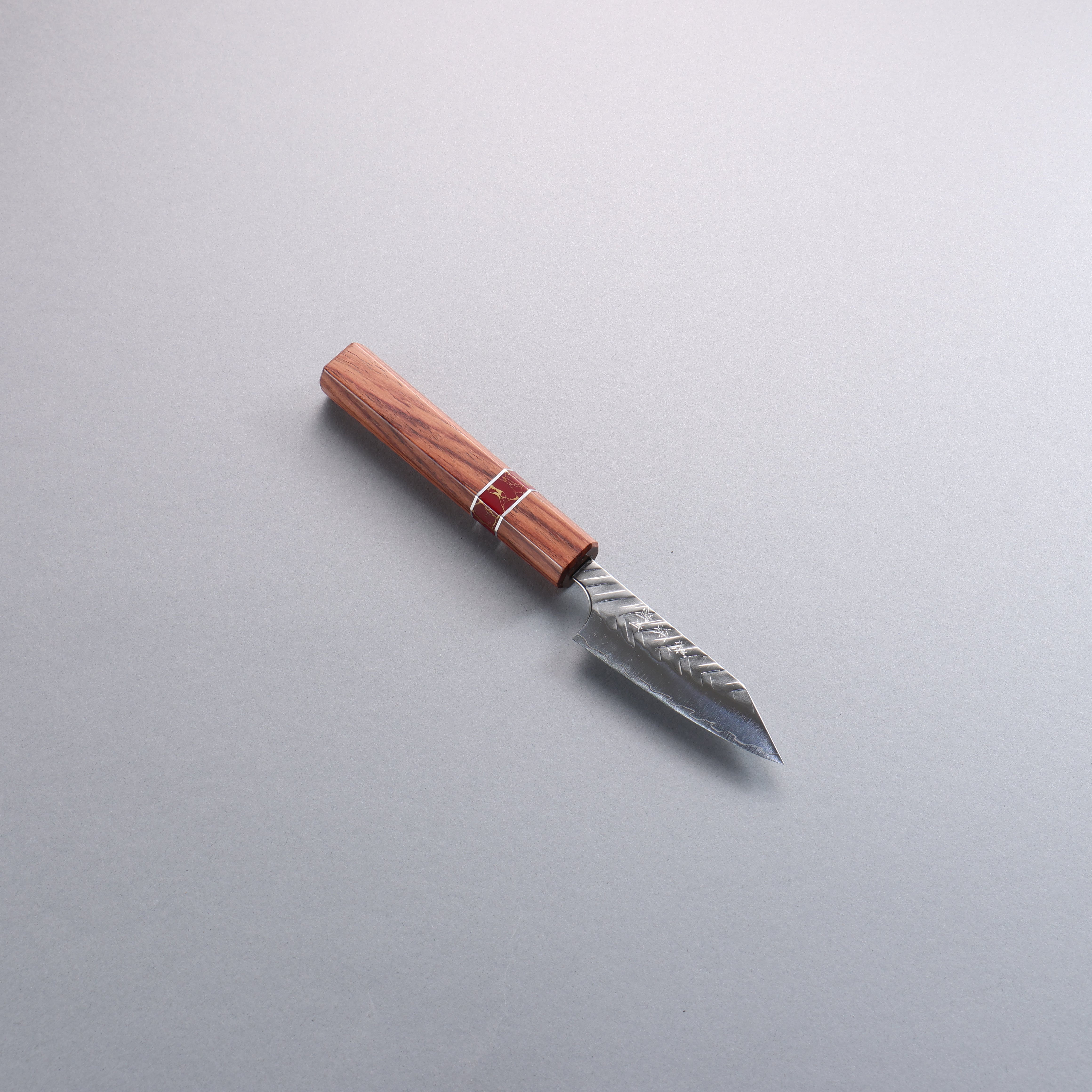 Yoshimi Kato SPG STRIX V-Hammered Kiritsuke Paring 75mm Rosewood & Red Turquoise Ring Handle - Seisuke Knife