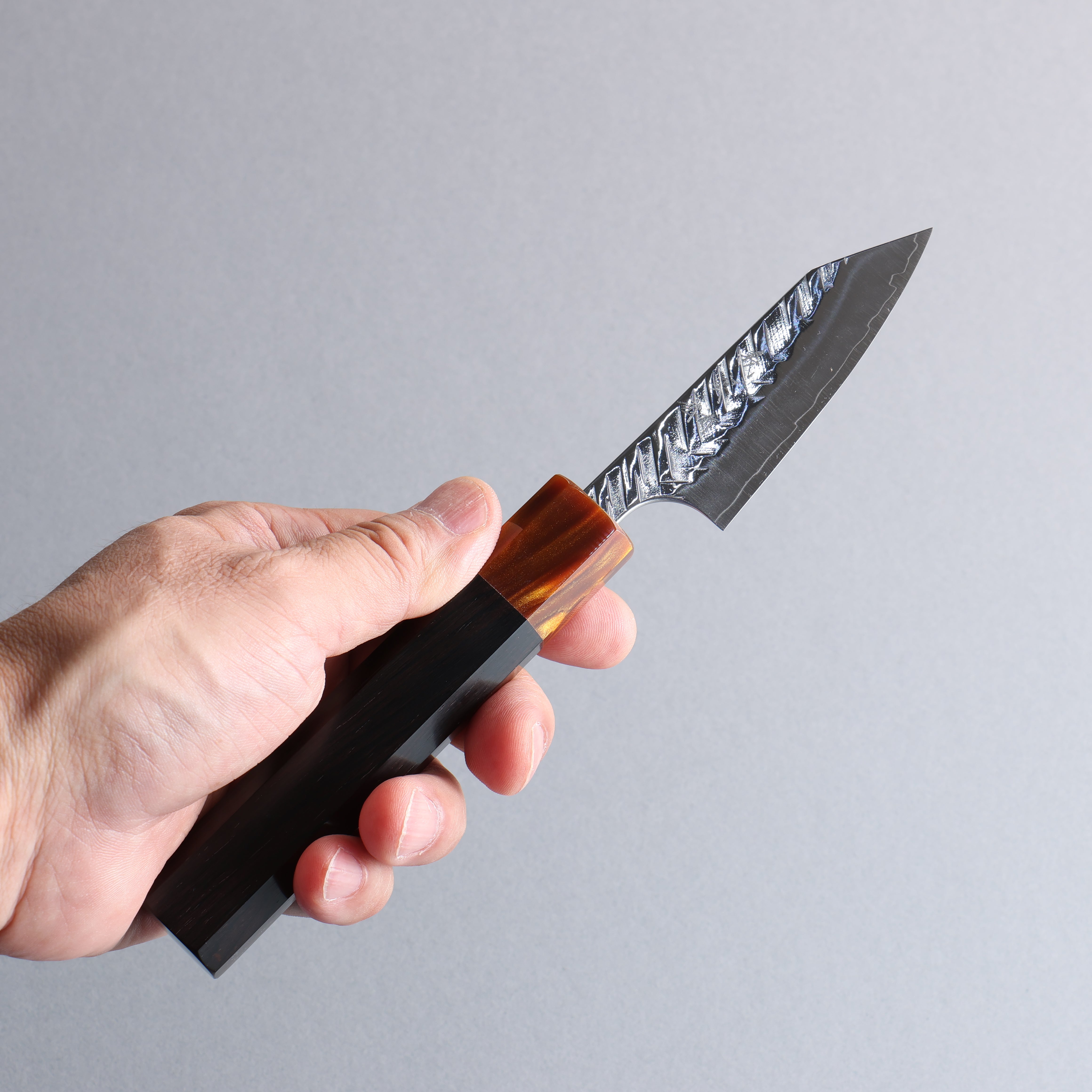 Yoshimi Kato SPG STRIX V-Hammered Kiritsuke Paring 80mm Ebony Wood & Orange Resin Handle - Seisuke Knife