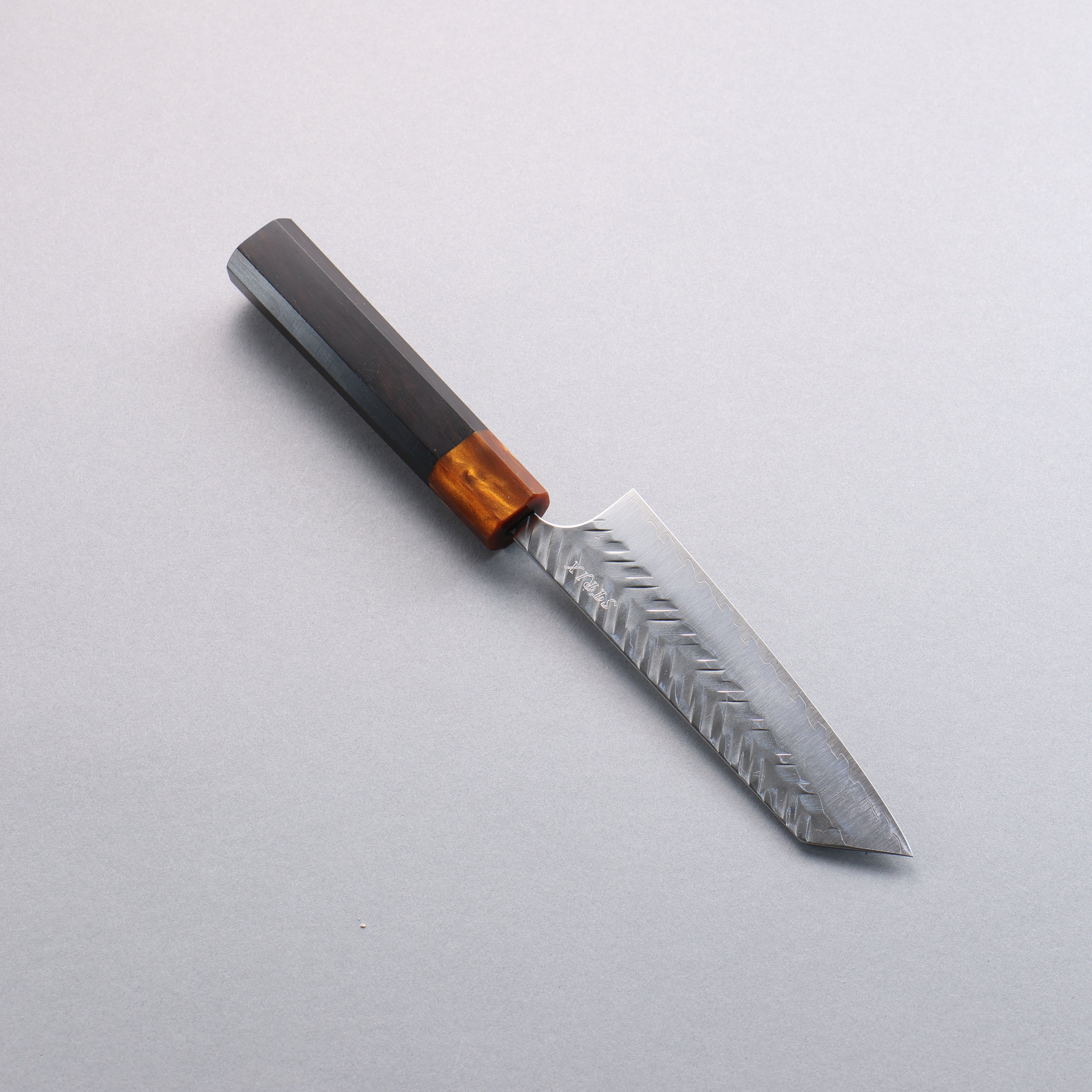 Yoshimi Kato SPG STRIX Hammered (V) Small Bunka 130mm Ebony (ferrule: Orange Resin) Handle - Seisuke Knife