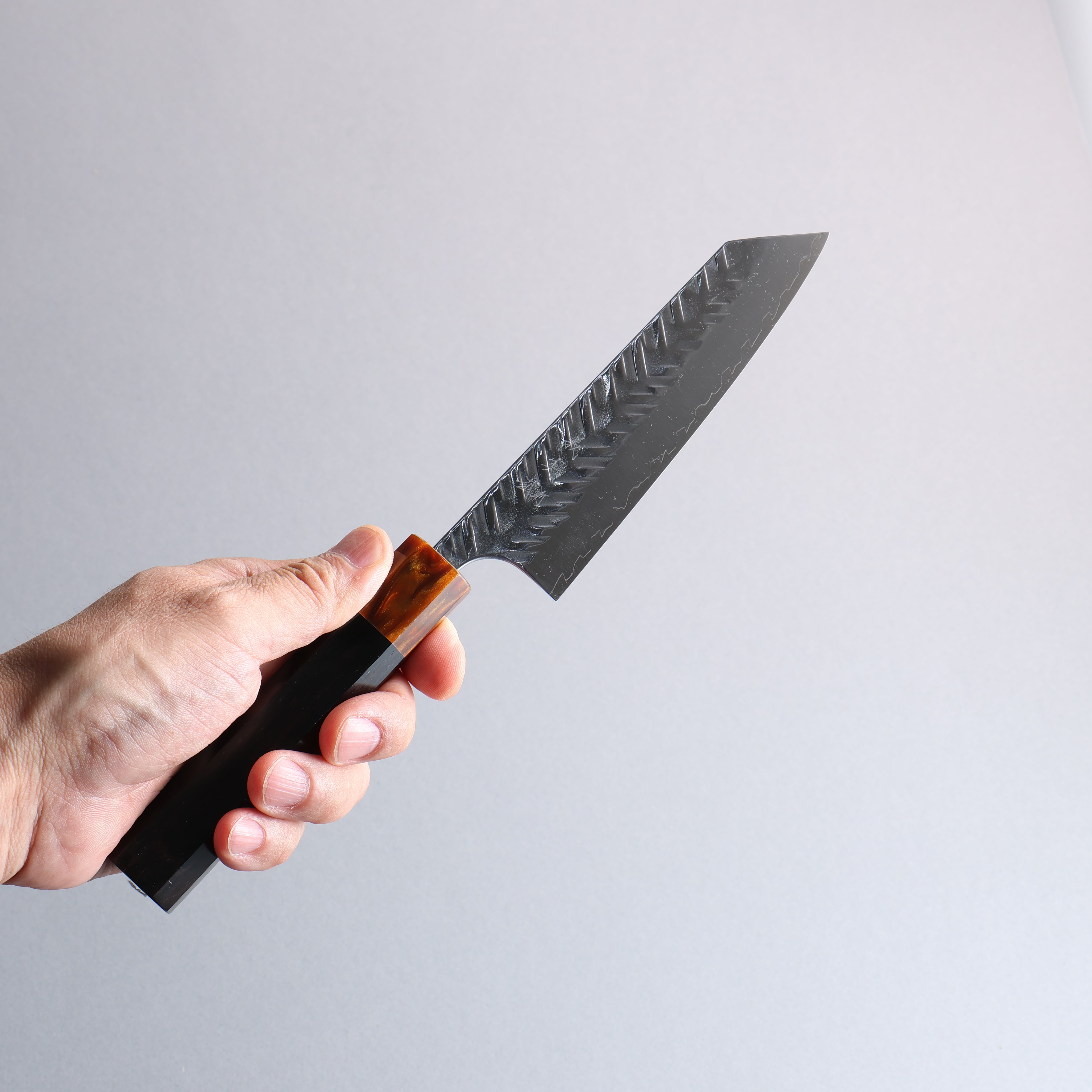 Yoshimi Kato SPG STRIX Hammered (V) Small Bunka 130mm Ebony (ferrule: Orange Resin) Handle - Seisuke Knife