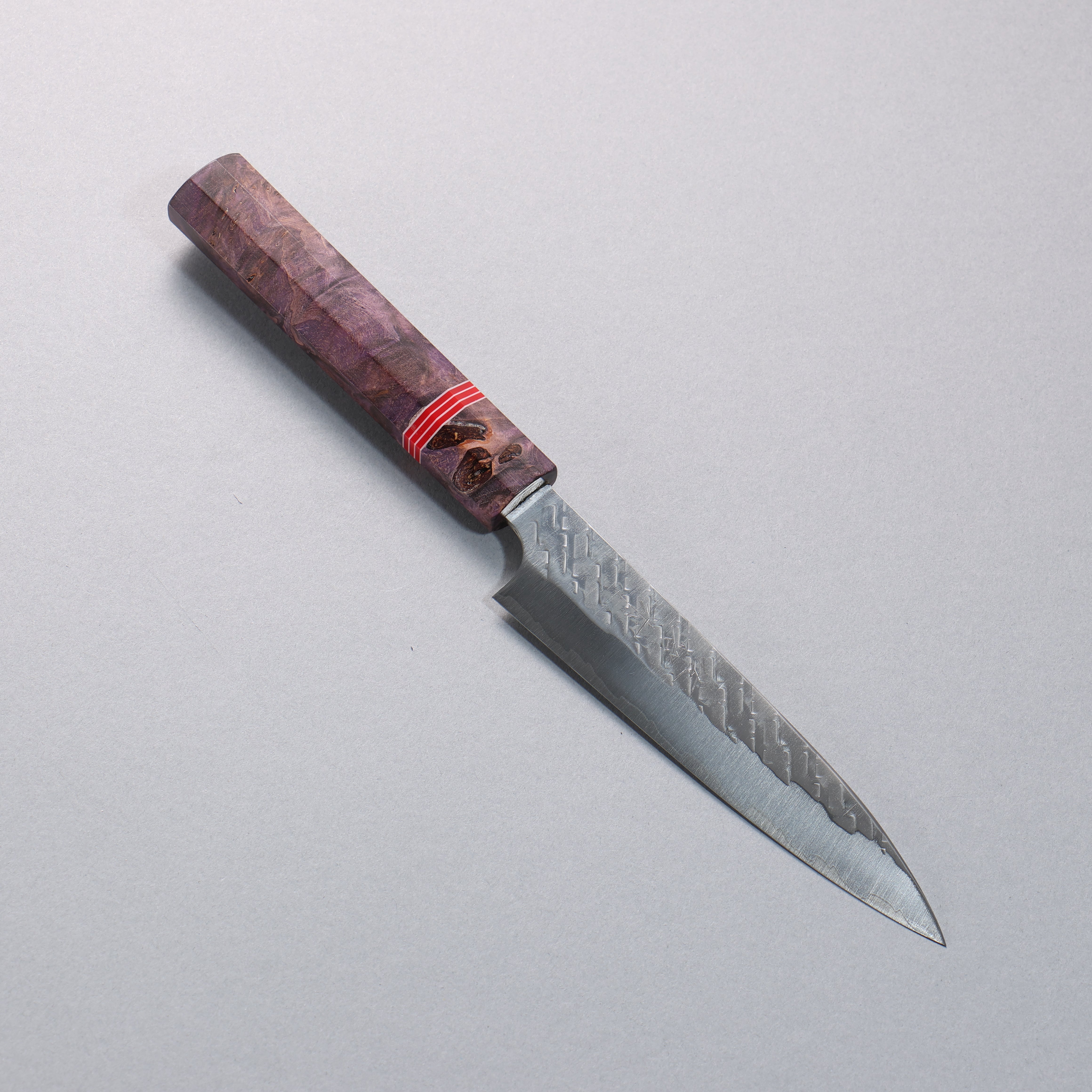 Takeshi Saji SPG STRIX Hammered Migaki Finished Petty-Utility 130mm Purple Stabilized Wood (with Red and White Ring) Handle - Seisuke Knife