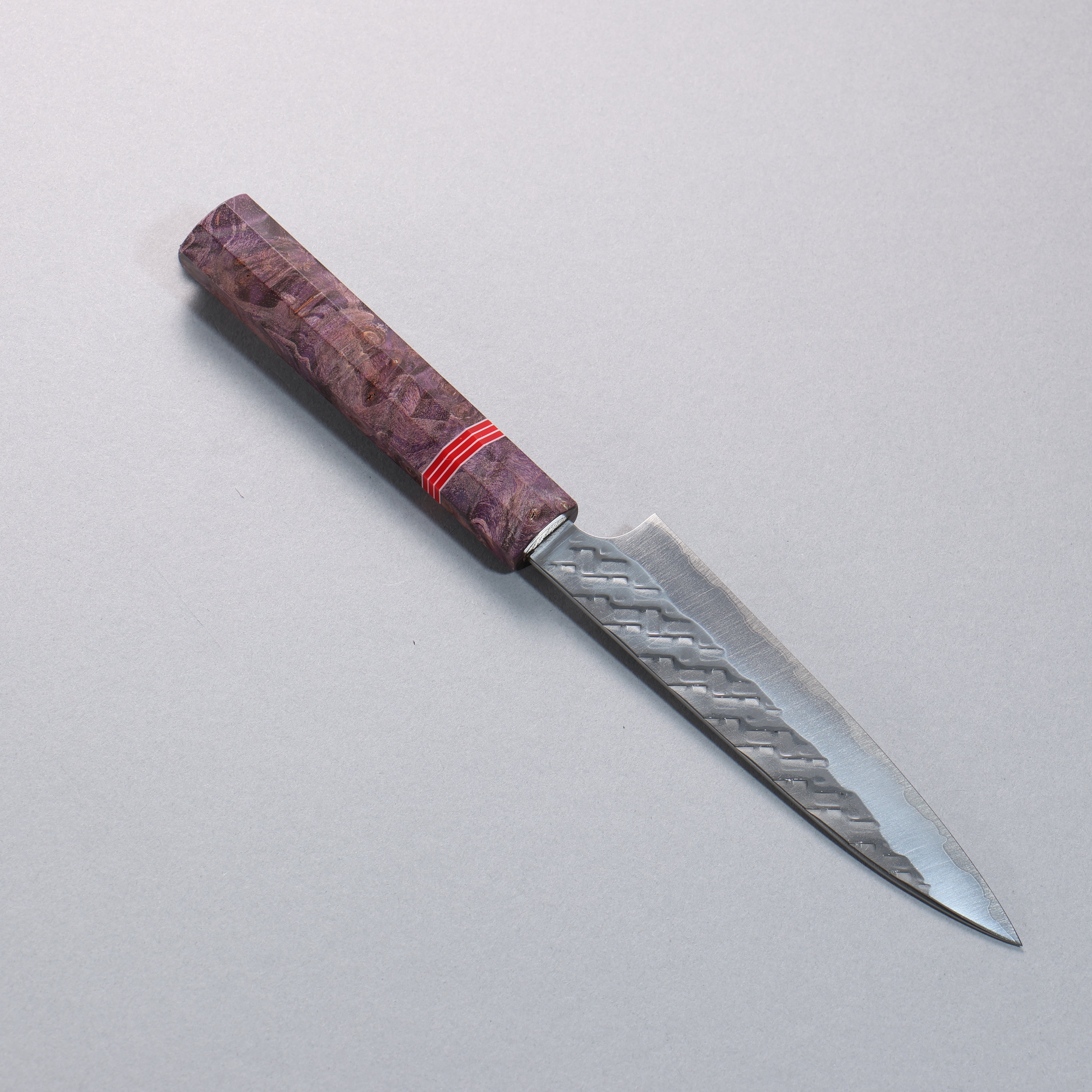Takeshi Saji SPG STRIX Hammered Migaki Finished Petty-Utility 130mm Purple Stabilized Wood (with Red and White Ring) Handle - Seisuke Knife