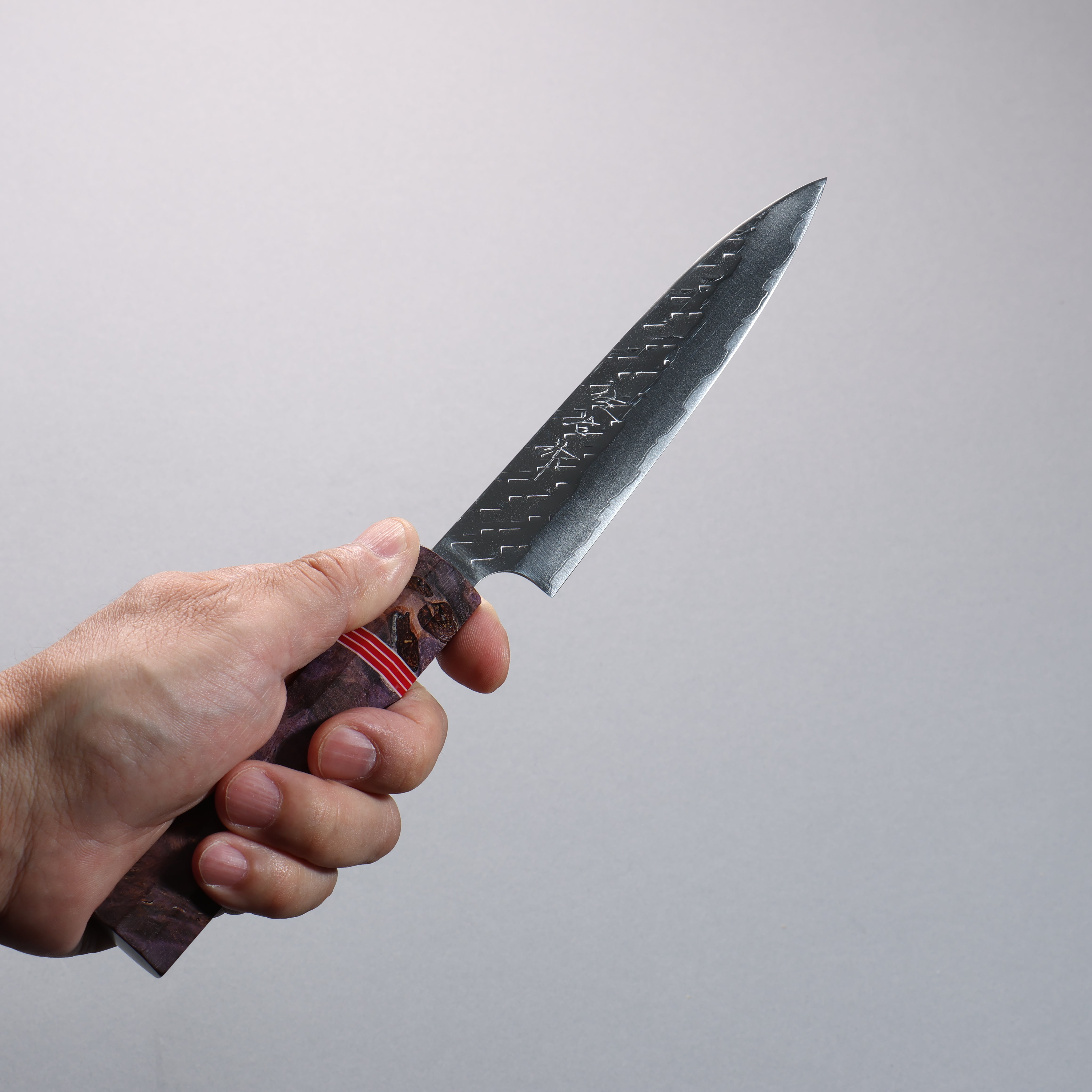 Takeshi Saji SPG STRIX Hammered Migaki Finished Petty-Utility 130mm Purple Stabilized Wood (with Red and White Ring) Handle - Seisuke Knife
