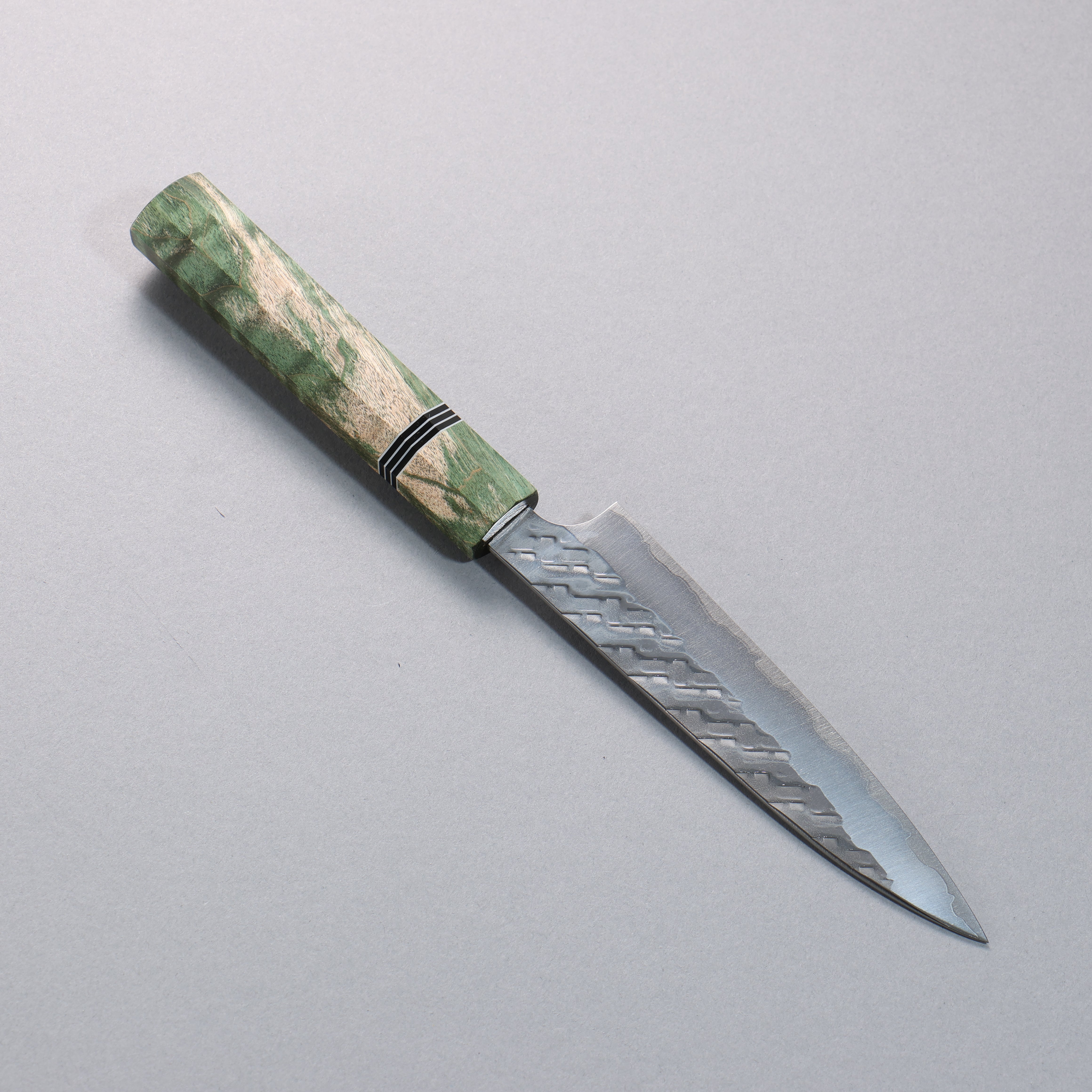 Takeshi Saji SPG STRIX Hammered Migaki Finished Petty-Utility 130mm Green Stabilized Wood (with Black and White Ring) Handle - Seisuke Knife