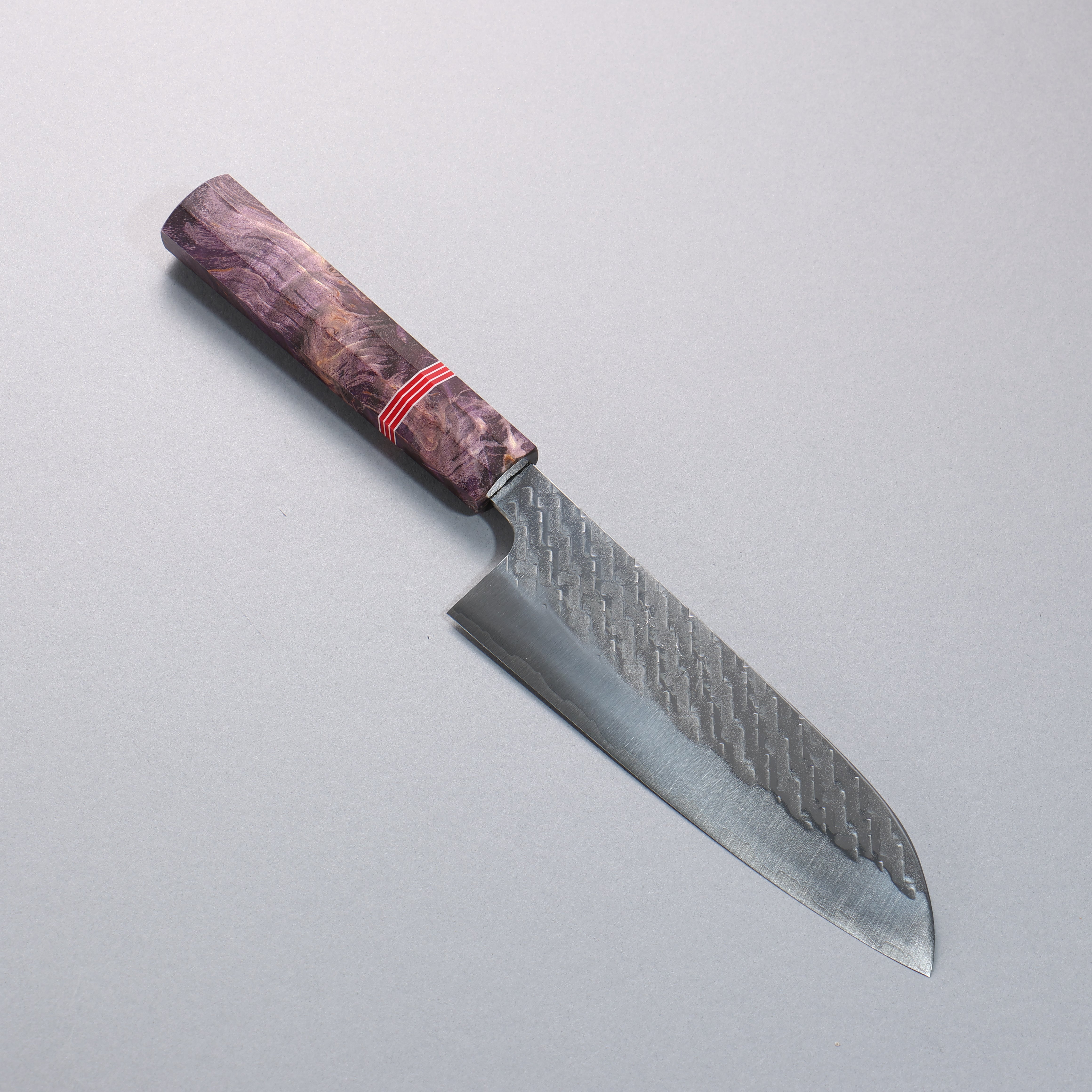 Takeshi Saji SPG STRIX Hammered Migaki Finished Santoku 165mm Purple Stabilized Wood (with Red and White Ring) Handle - Seisuke Knife
