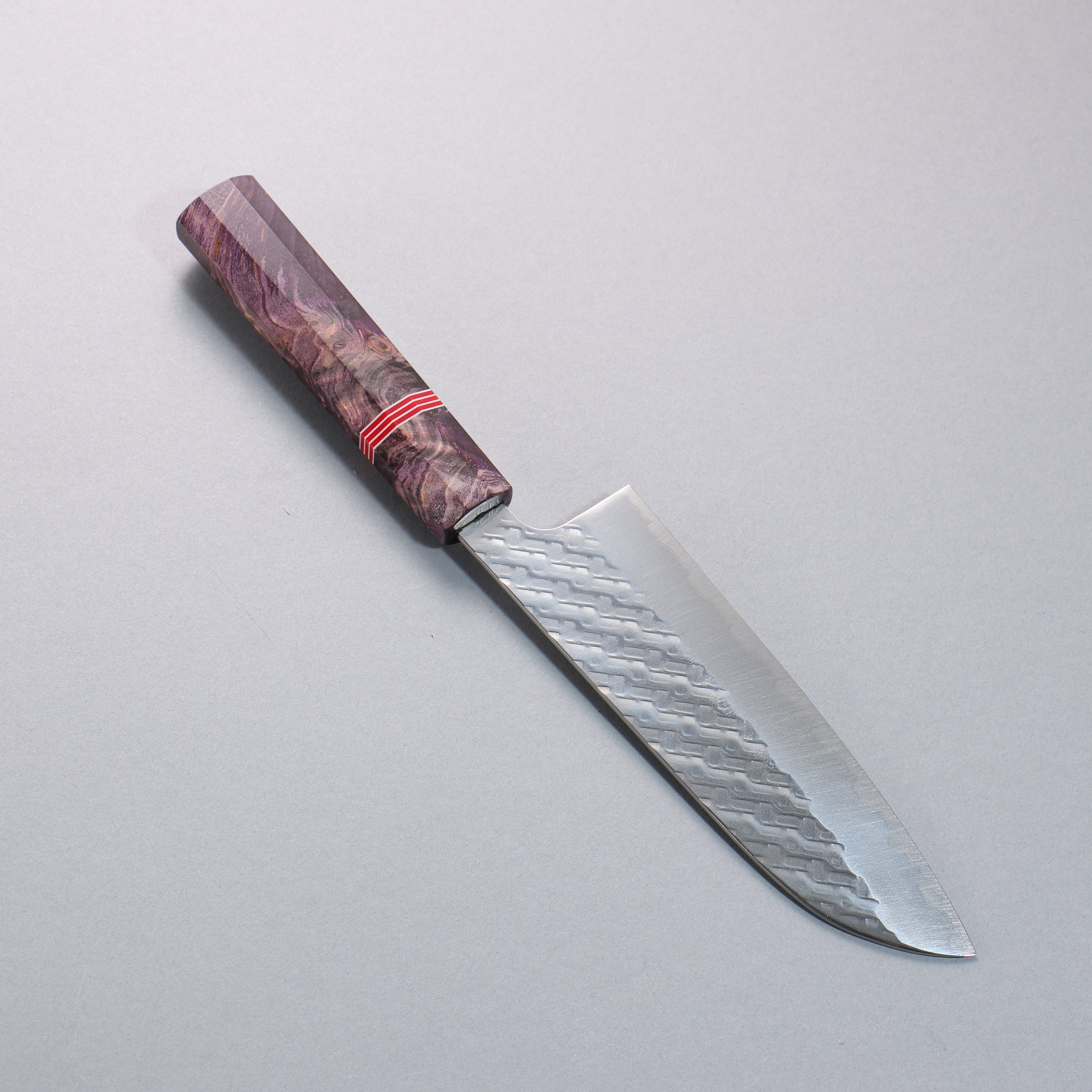 Takeshi Saji SPG STRIX Hammered Migaki Finished Santoku 165mm Purple Stabilized Wood (with Red and White Ring) Handle - Seisuke Knife