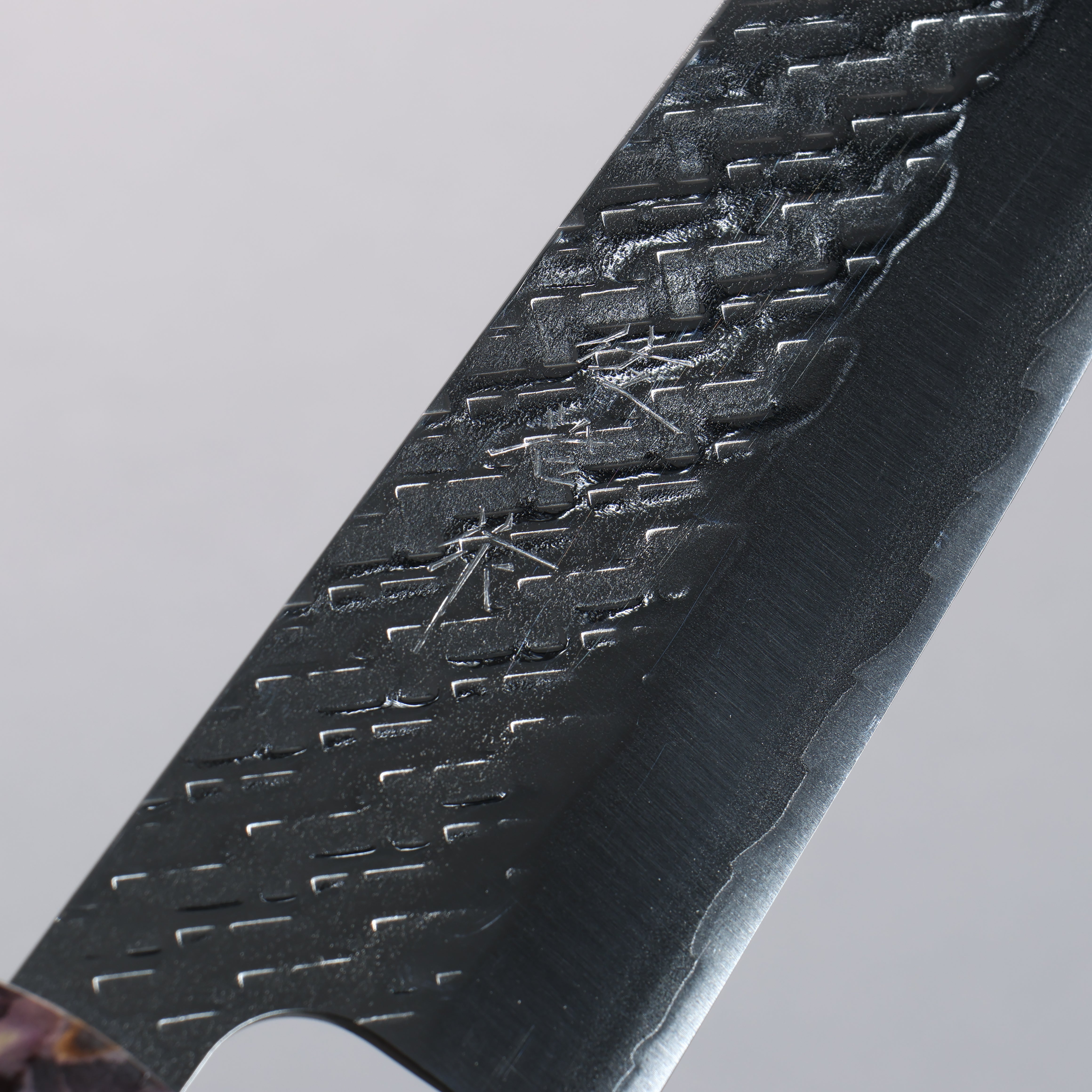 Takeshi Saji SPG STRIX Hammered Migaki Finished Santoku 165mm Purple Stabilized Wood (with Red and White Ring) Handle - Seisuke Knife