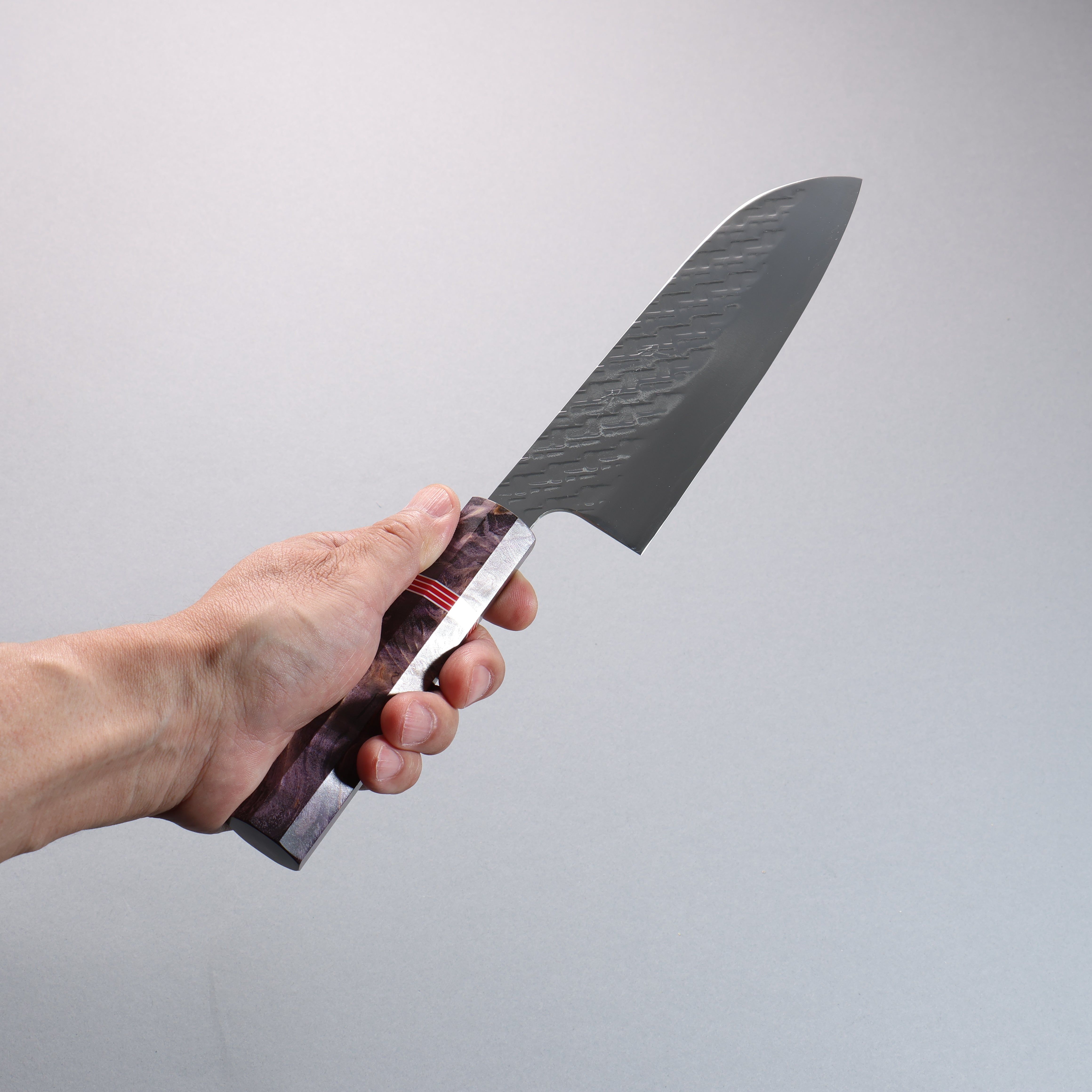 Takeshi Saji SPG STRIX Hammered Migaki Finished Santoku 165mm Purple Stabilized Wood (with Red and White Ring) Handle - Seisuke Knife