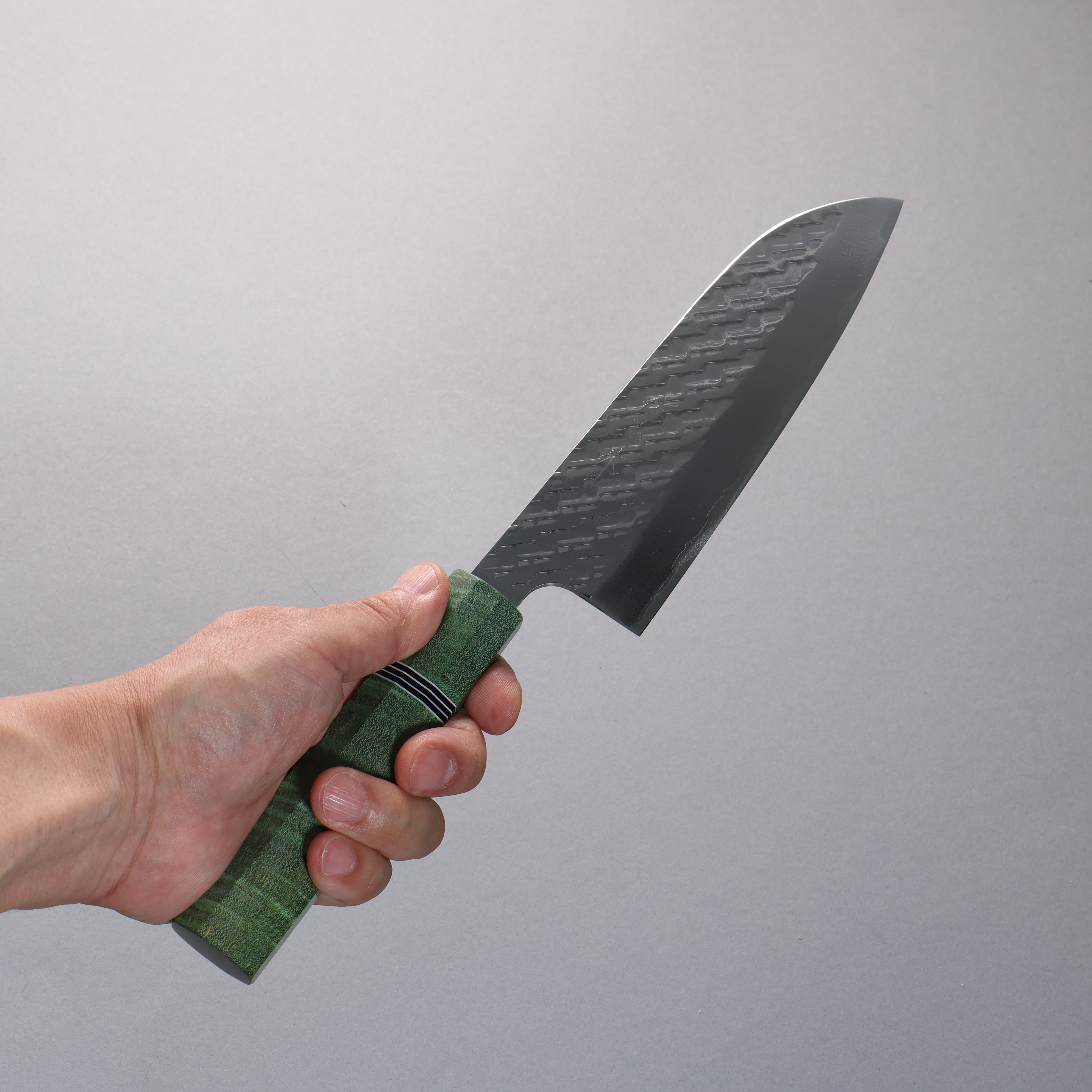 Takeshi Saji SPG STRIX Hammered Migaki Finished Santoku 165mm Green Stabilized Wood (with Black and White Ring) Handle - Seisuke Knife