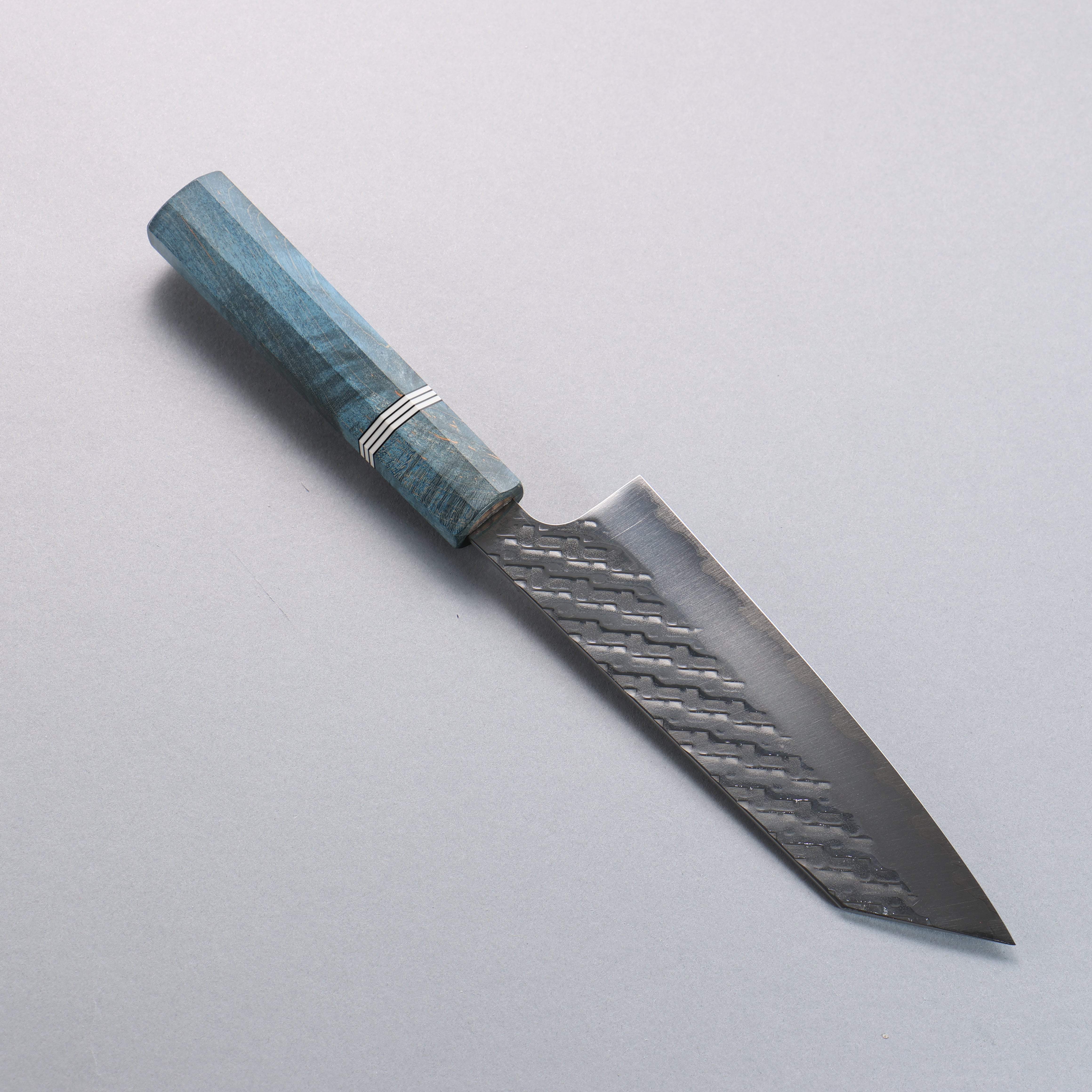 Takeshi Saji SPG STRIX Hammered Migaki Finished Bunka 165mm Blue Stabilized Wood (with White and Black Ring) Handle - Seisuke Knife