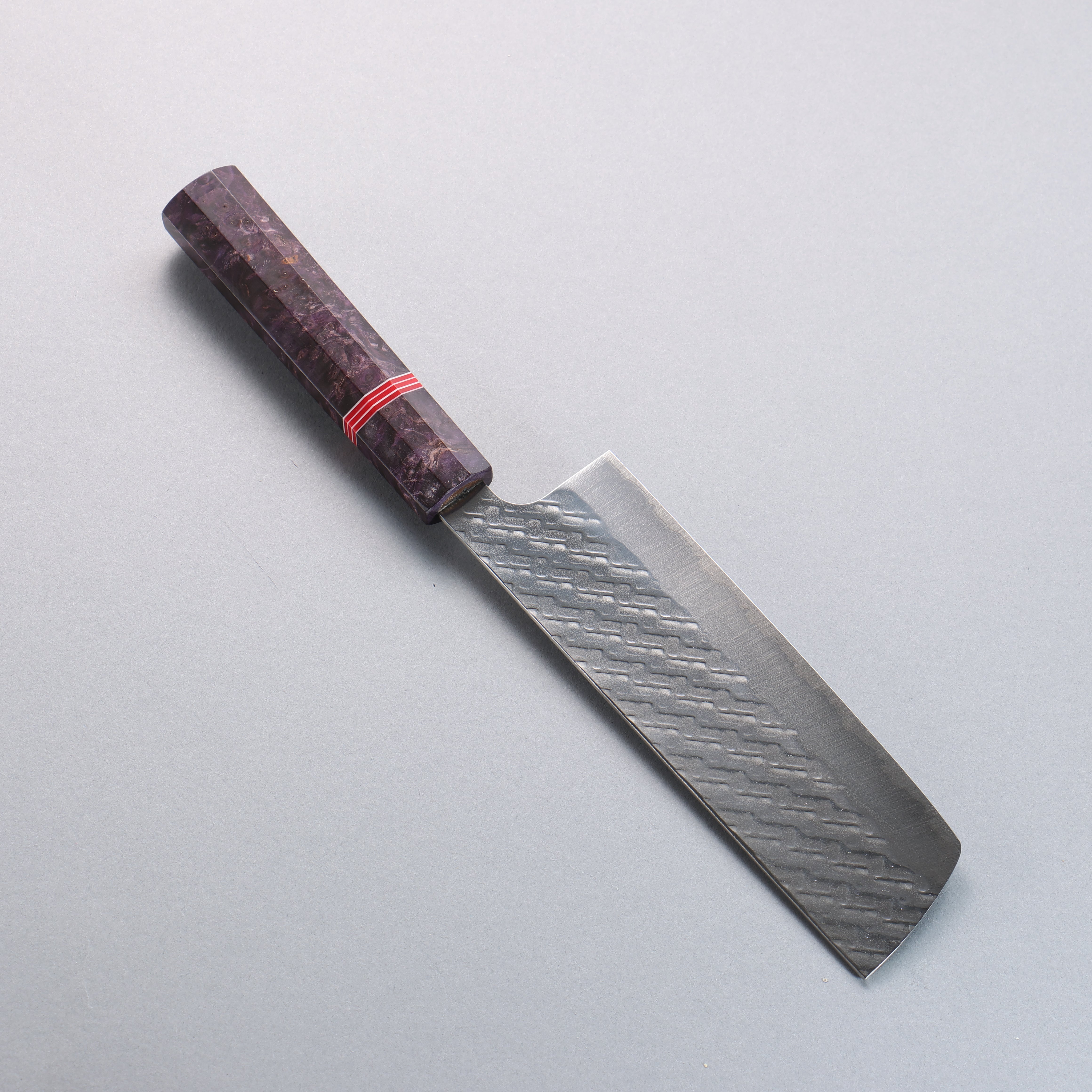 Takeshi Saji SPG STRIX Hammered Migaki Finished Nakiri 165mm Purple Stabilized Wood (with Red and White Ring) Handle - Seisuke Knife