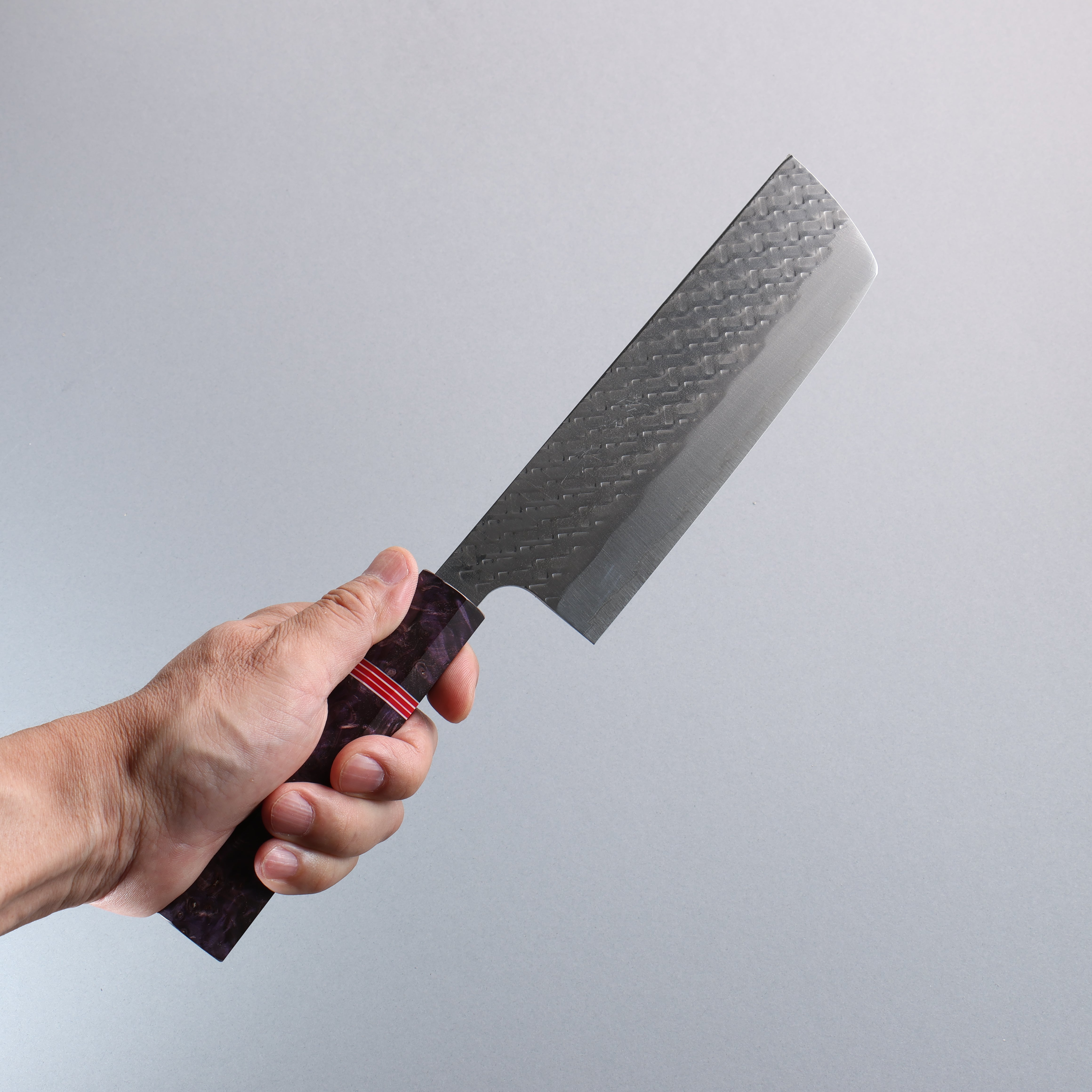 Takeshi Saji SPG STRIX Hammered Migaki Finished Nakiri 165mm Purple Stabilized Wood (with Red and White Ring) Handle - Seisuke Knife