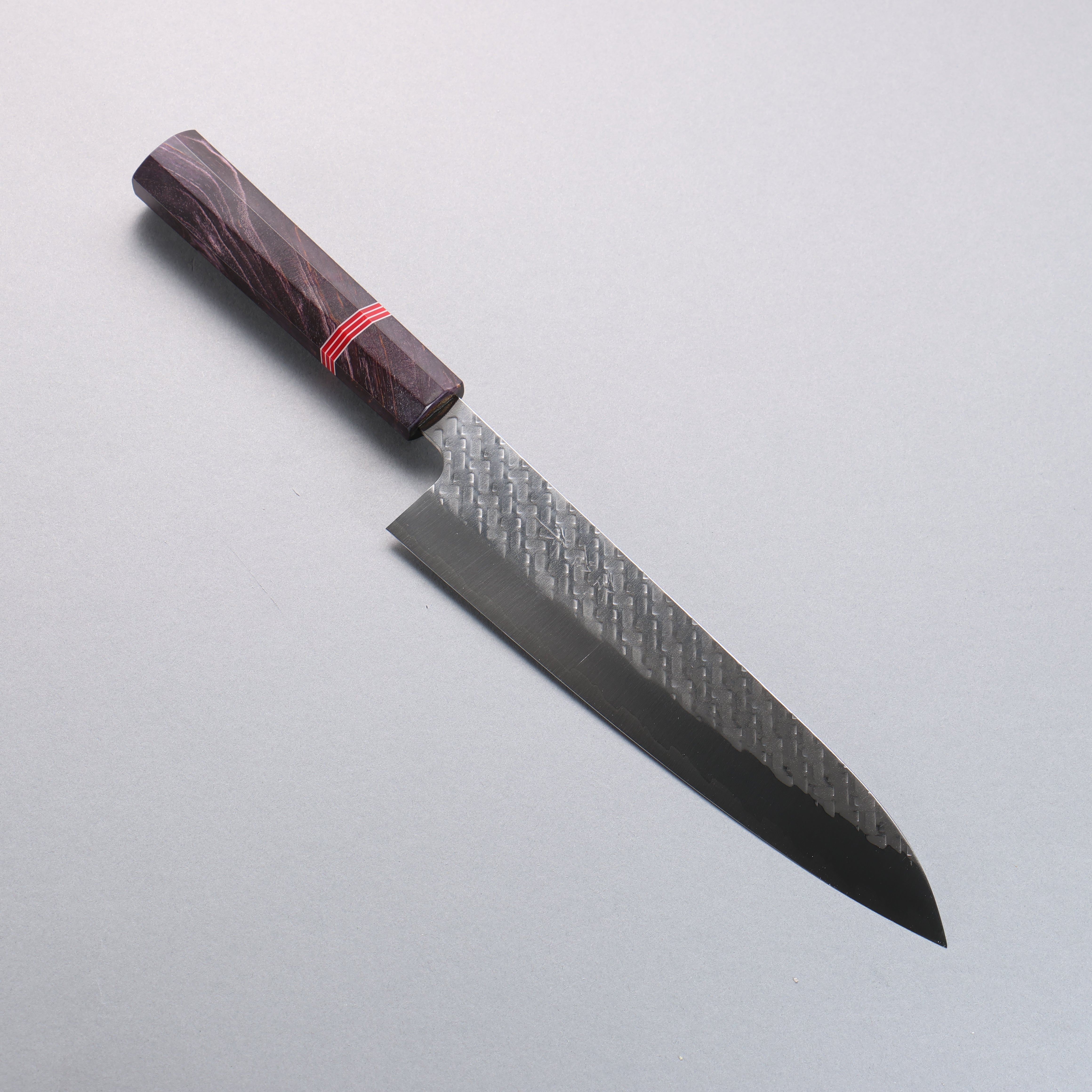 Takeshi Saji SPG STRIX Hammered Migaki Finished Gyuto 210mm Purple Stabilized Wood (with Red and White Ring) Handle - Seisuke Knife