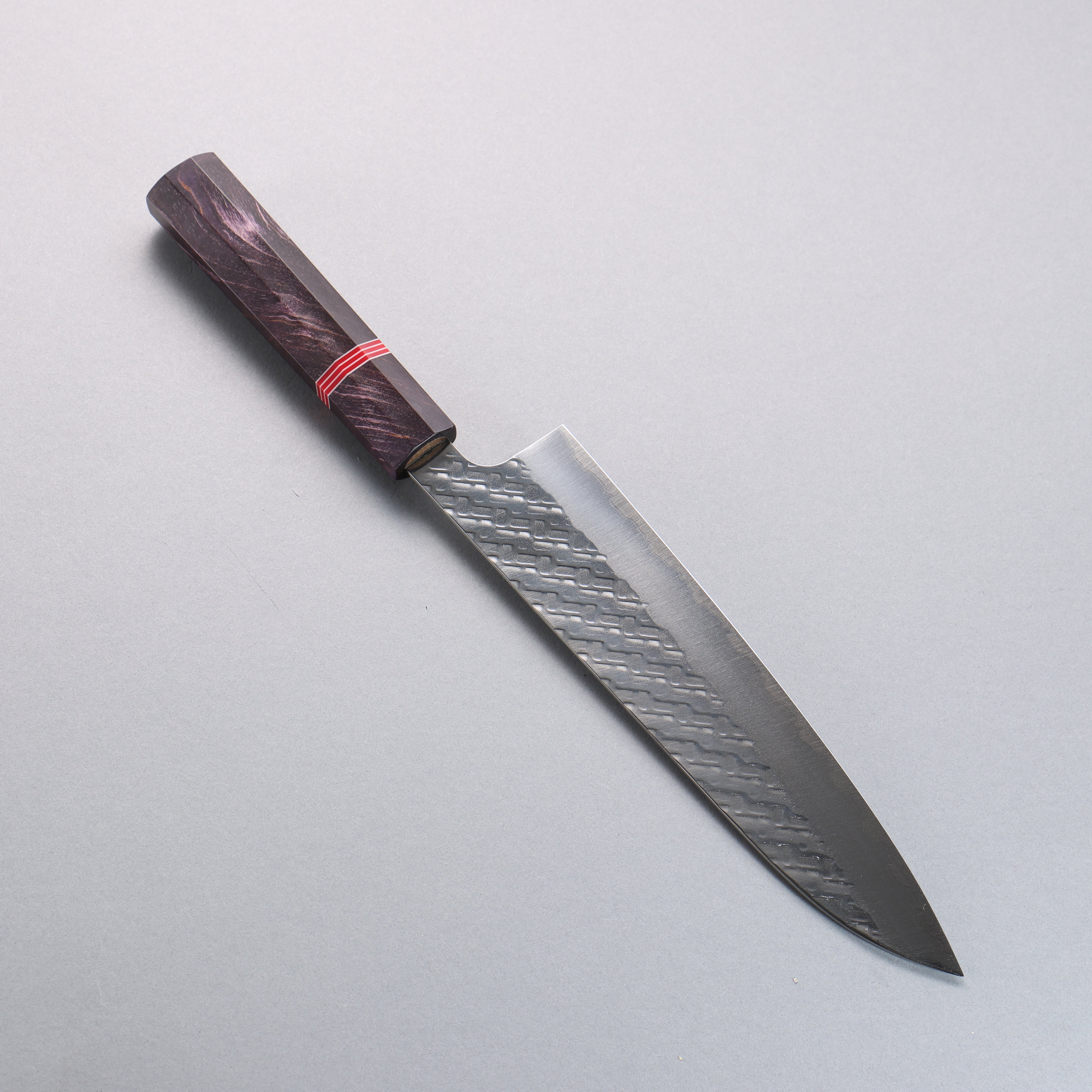 Takeshi Saji SPG STRIX Hammered Migaki Finished Gyuto 210mm Purple Stabilized Wood (with Red and White Ring) Handle - Seisuke Knife