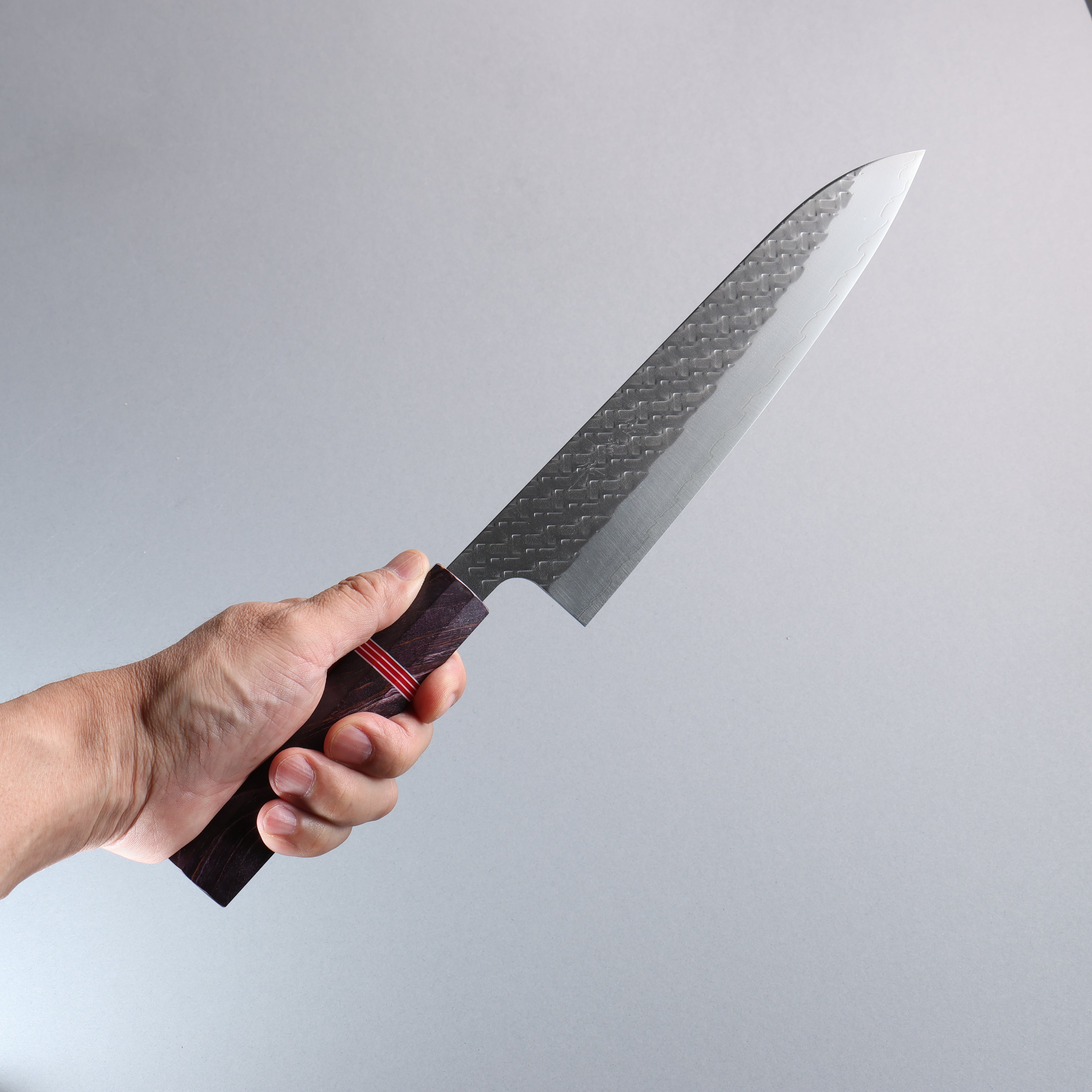Takeshi Saji SPG STRIX Hammered Migaki Finished Gyuto 210mm Purple Stabilized Wood (with Red and White Ring) Handle - Seisuke Knife